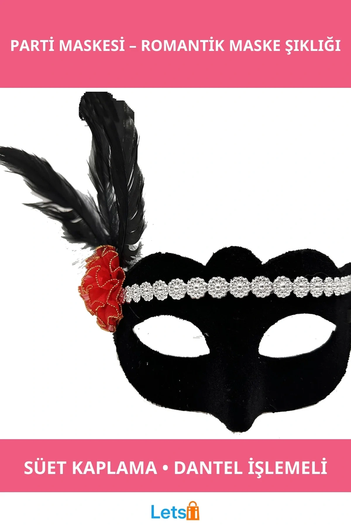 Gümüş Dantelli Kırmızı Gül Tasarımlı Şık Parti Maskesi