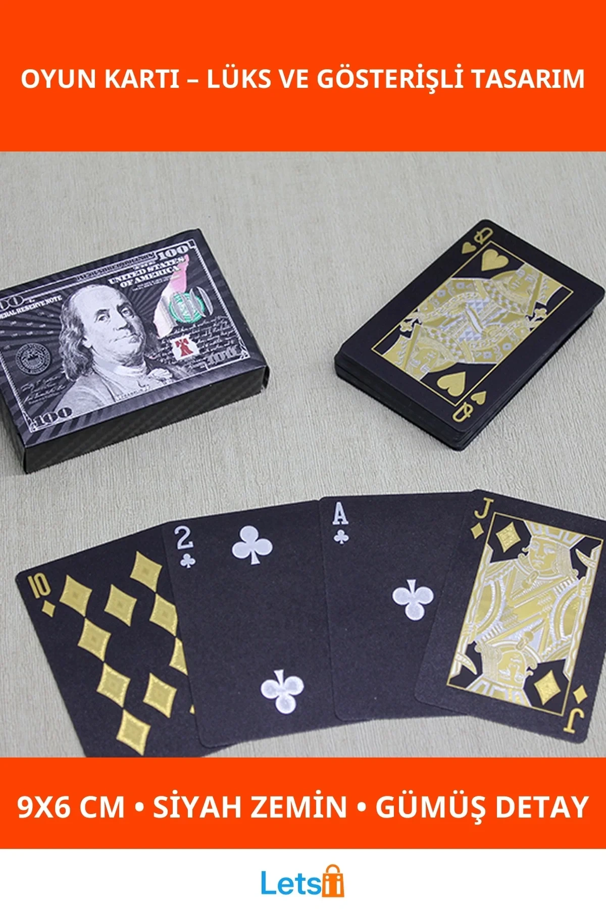 Gümüş Dolar Tasarımlı Siyah İskambil Oyun Kartı 9x6 cm