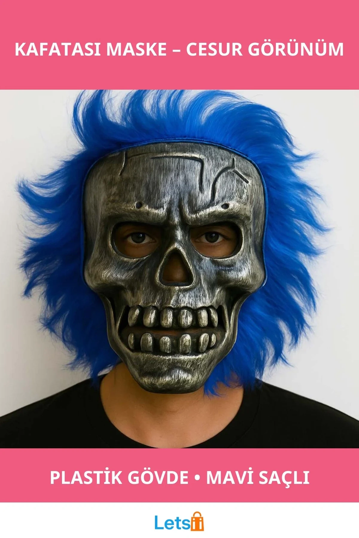 Gümüş Kafatası Mavi Saçlı Parti Maske Dayanıklı ve Rahat