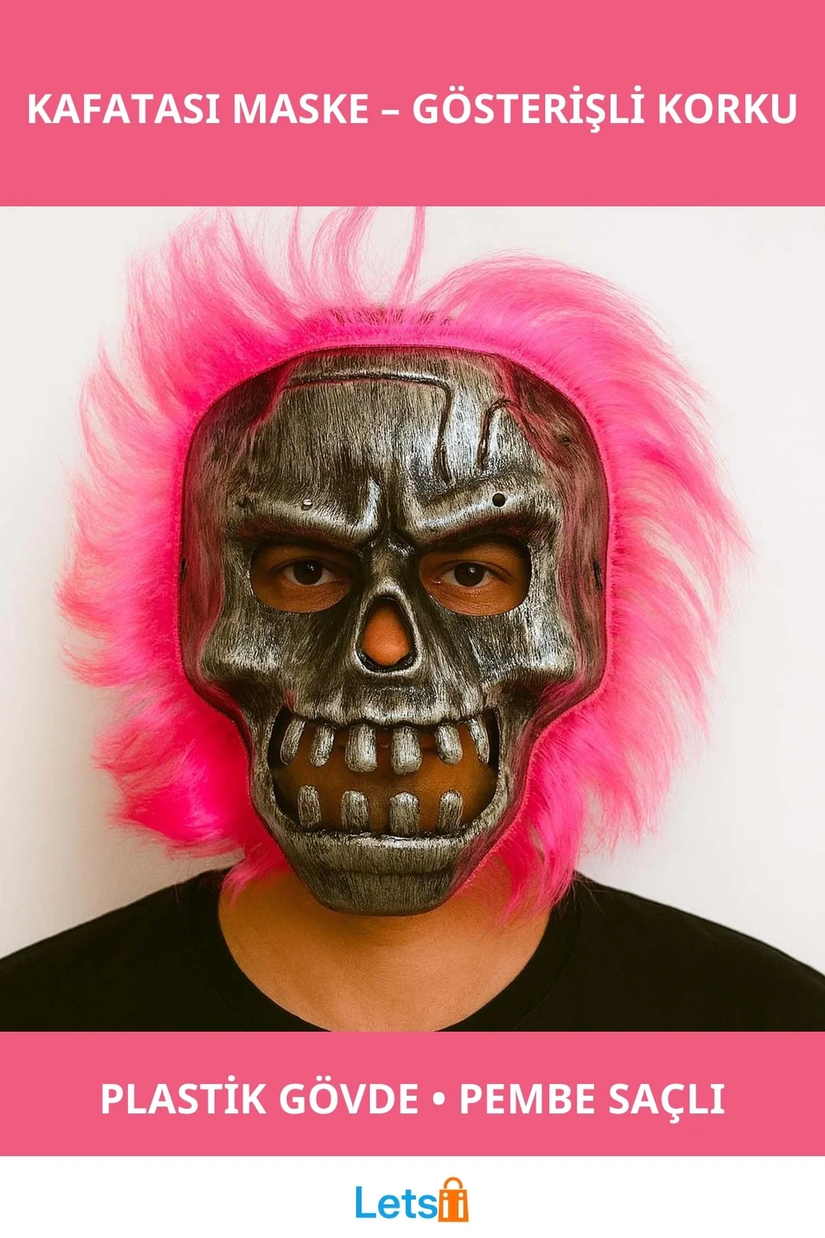 Gümüş Kafatası Pembe Saçlı İskelet Maske Cadılar Bayramı Aksesuarı