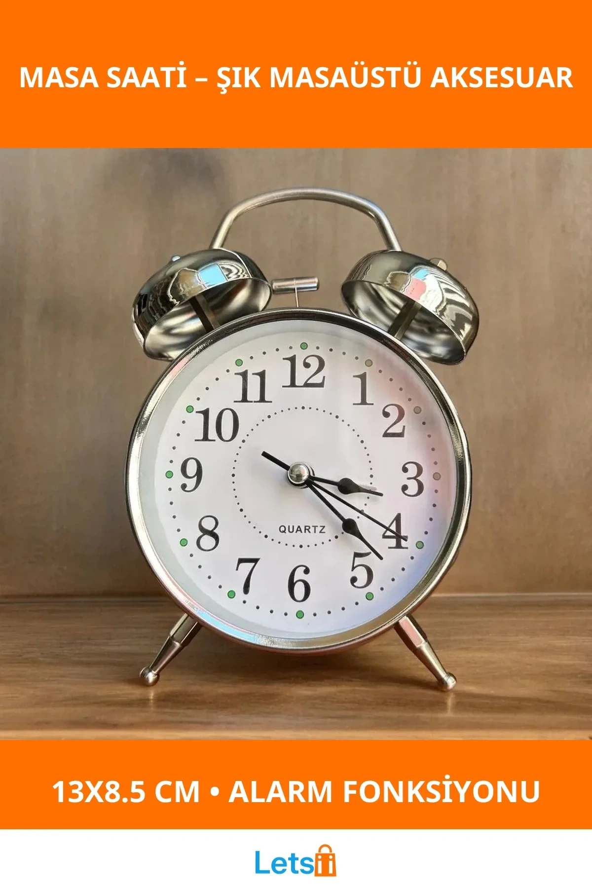 Gümüş Metal Alarmlı Masa Saati 13 cm x 8.5 cm