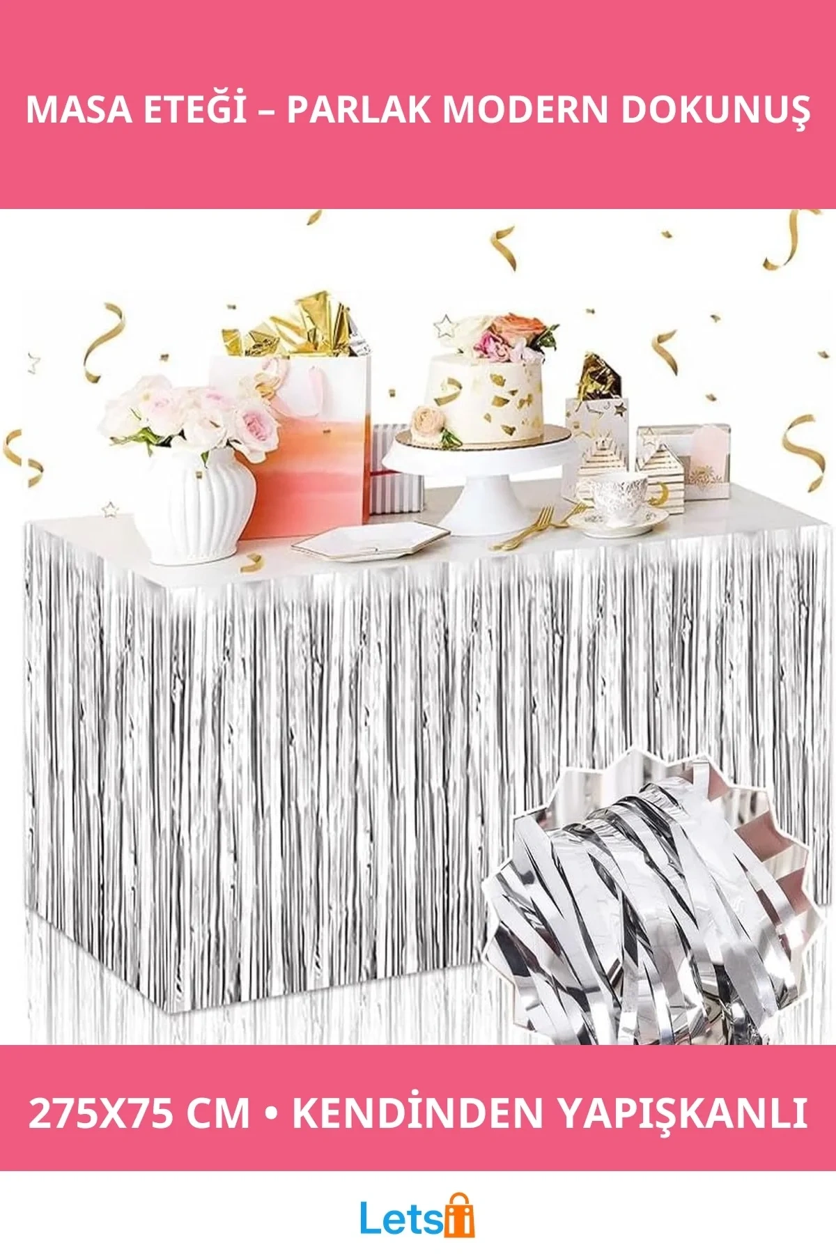 Gümüş Metalize Kendinden Yapışkanlı Masa Eteği 275x75 cm Dekoratif