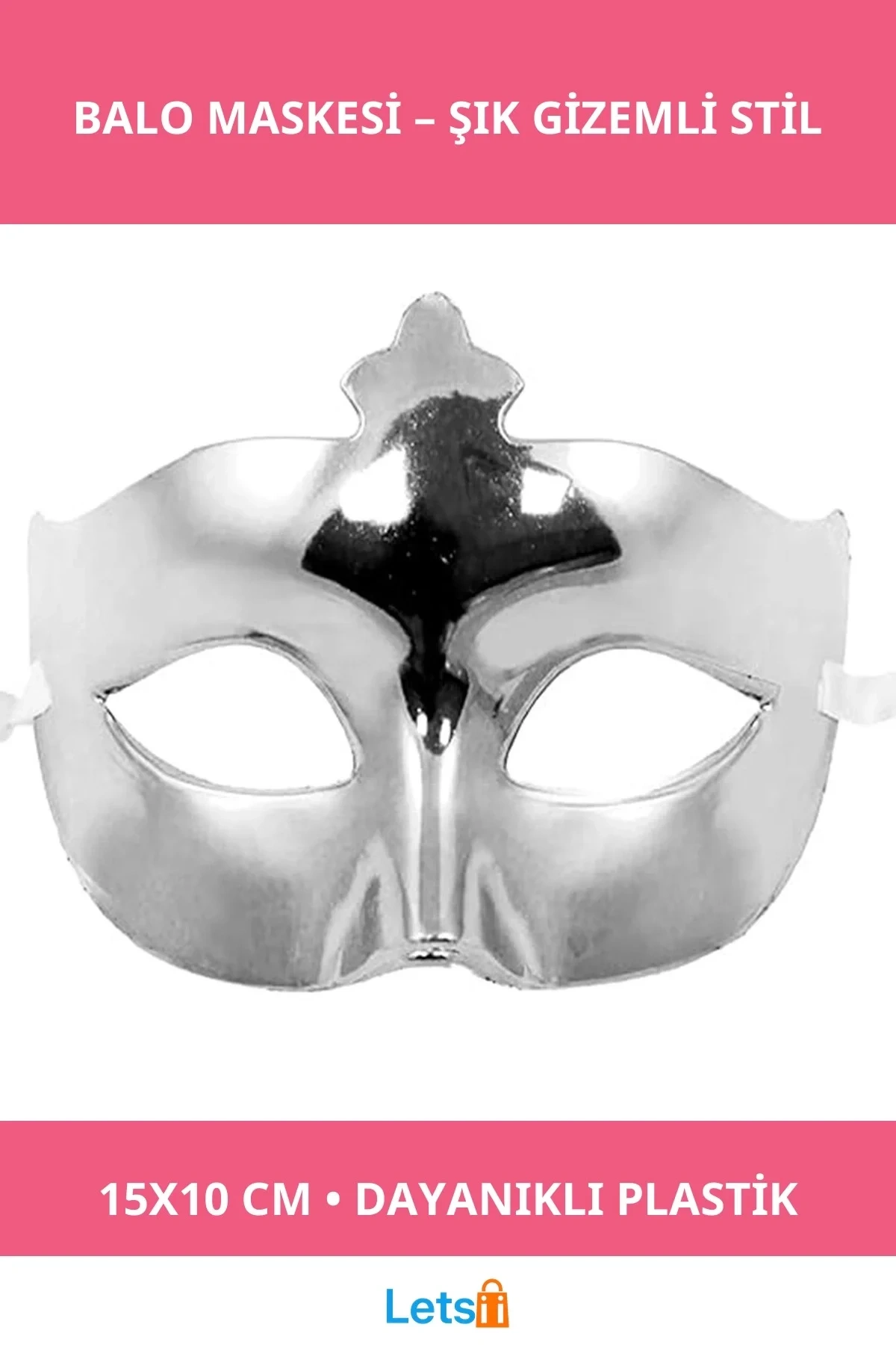 Gümüş Parlak Dayanıklı Plastik Balo Maskesi 15x10 cm