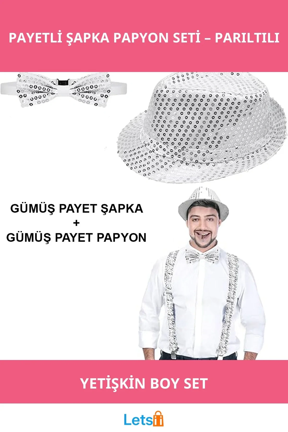 Gümüş Payetli Parıltılı Şapka ve Papyon Kostüm Aksesuarı
