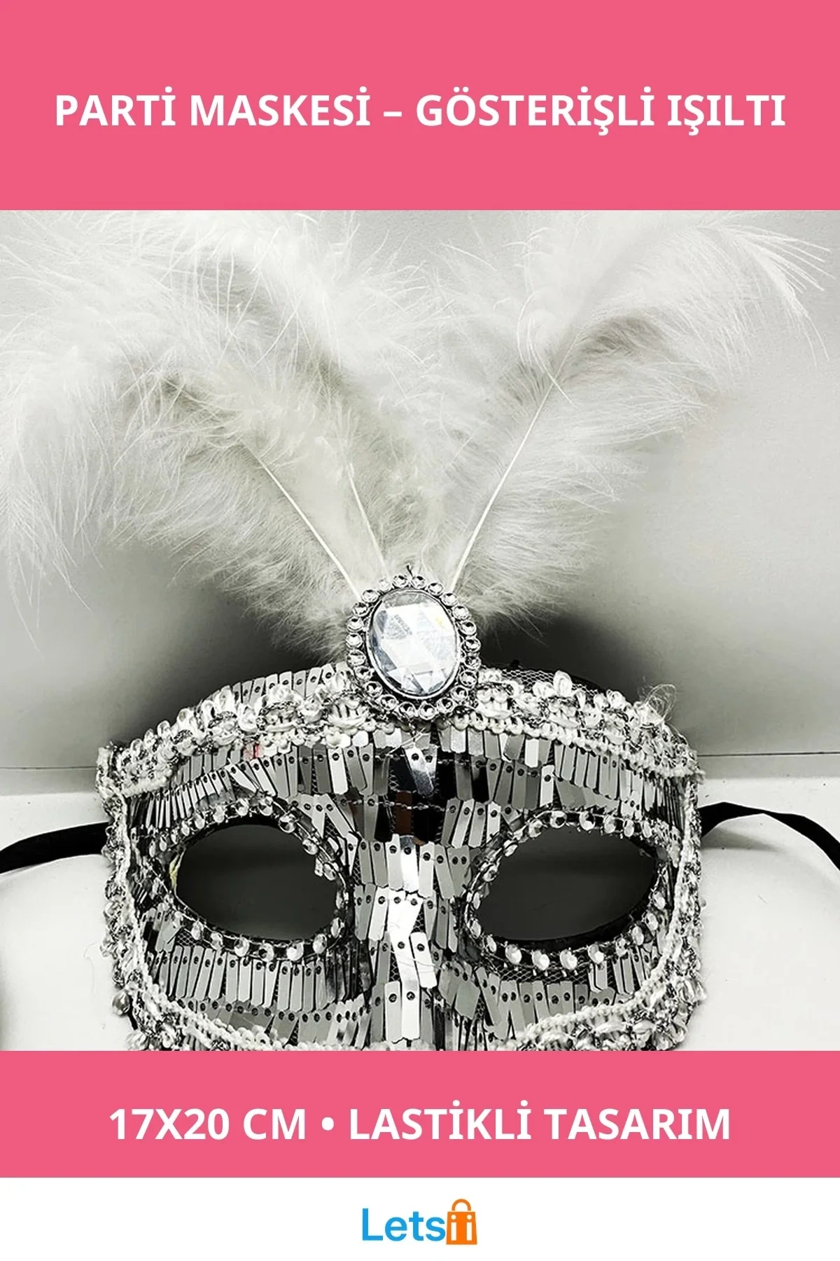 Gümüş Payetli Pullu Tüylü Maske 17x20 cm Parti Maskesi