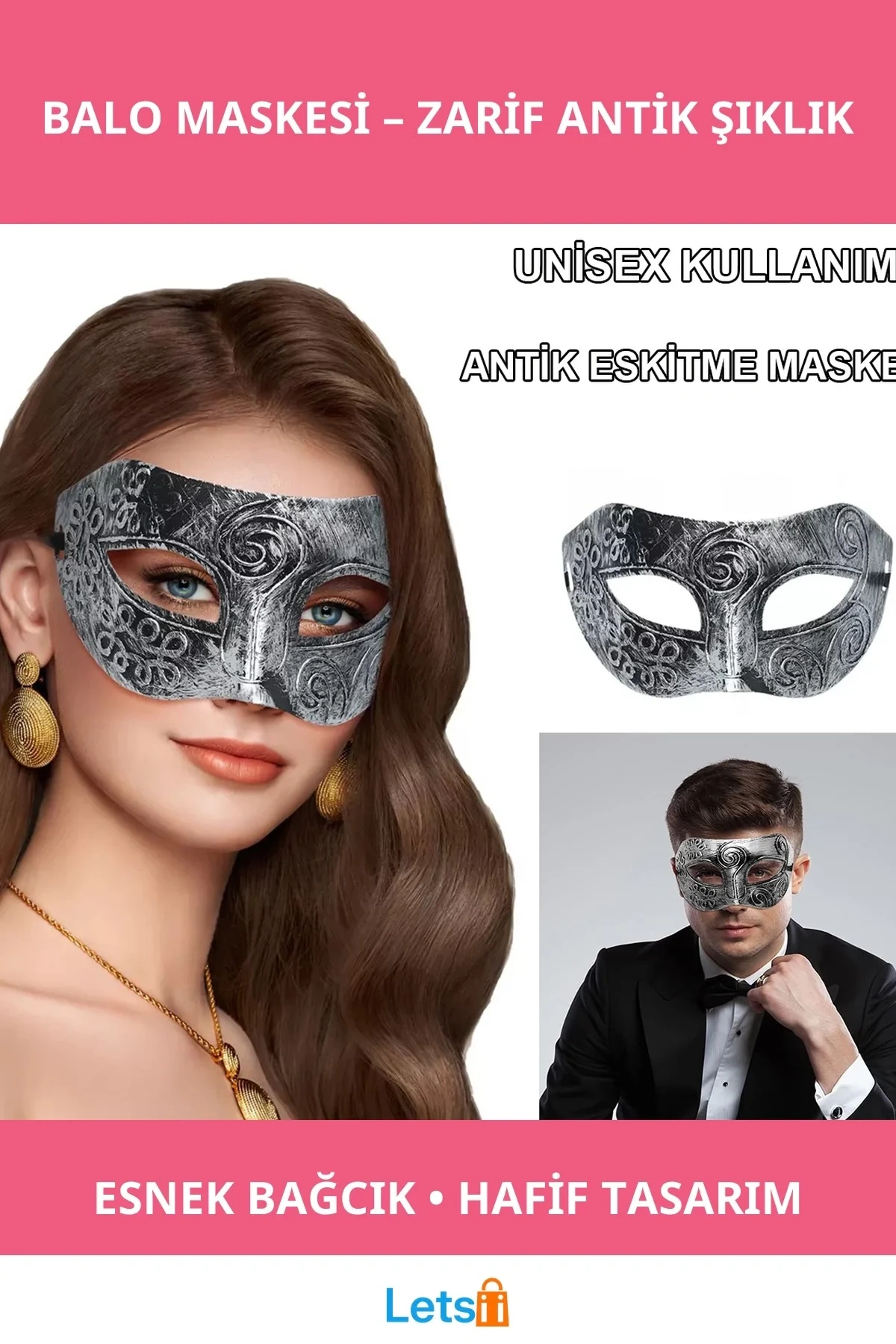 Gümüş Renk Antik Tarz Yüz Maskesi Venedik Stili