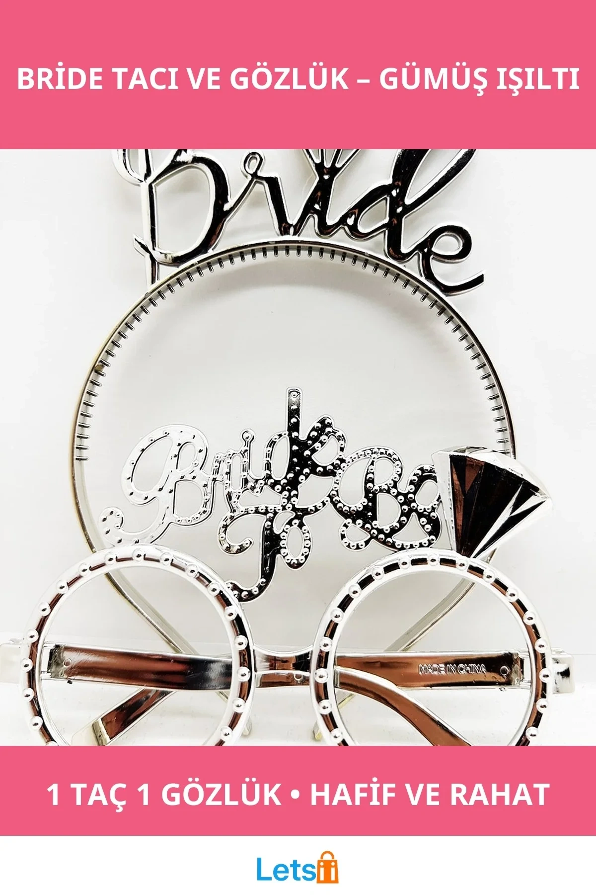 Gümüş Renk Bride Yazılı Taç ve Bride To Be Yazılı Gözlük Seti
