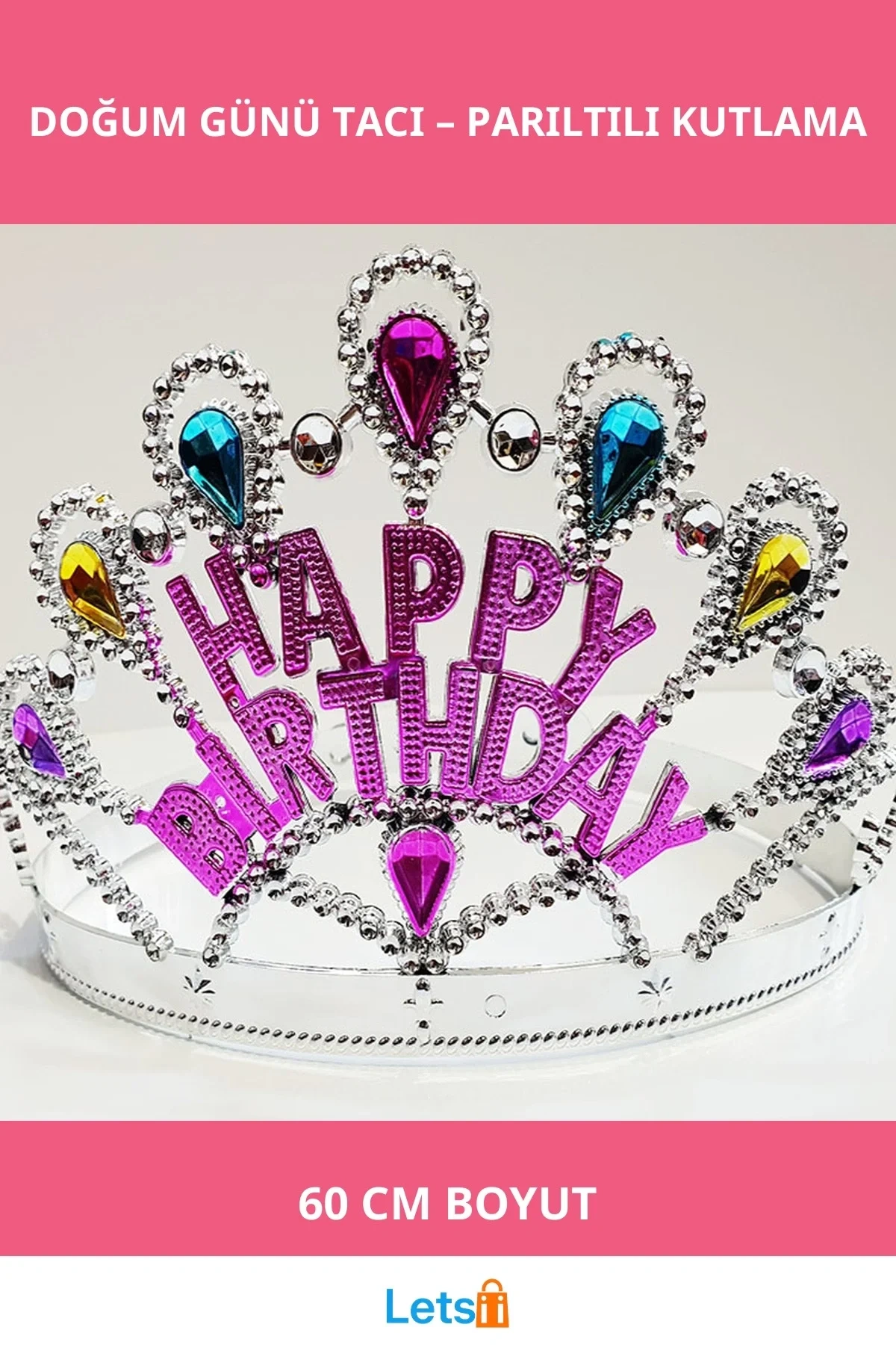 Gümüş Renk Happy Birthday Yazılı Doğum Günü Tacı 60 cm