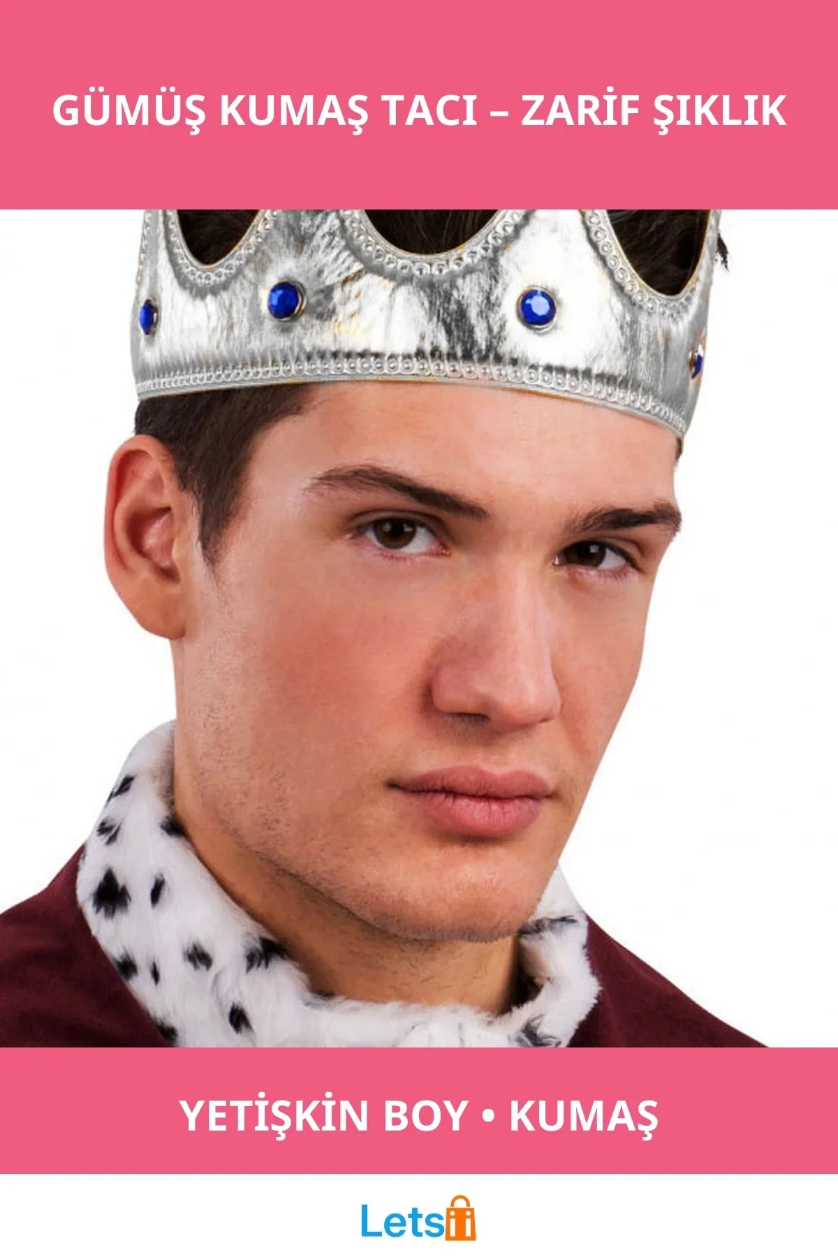 Gümüş Renk Kumaş Malzeme Yetişkin Boy Kral Tacı