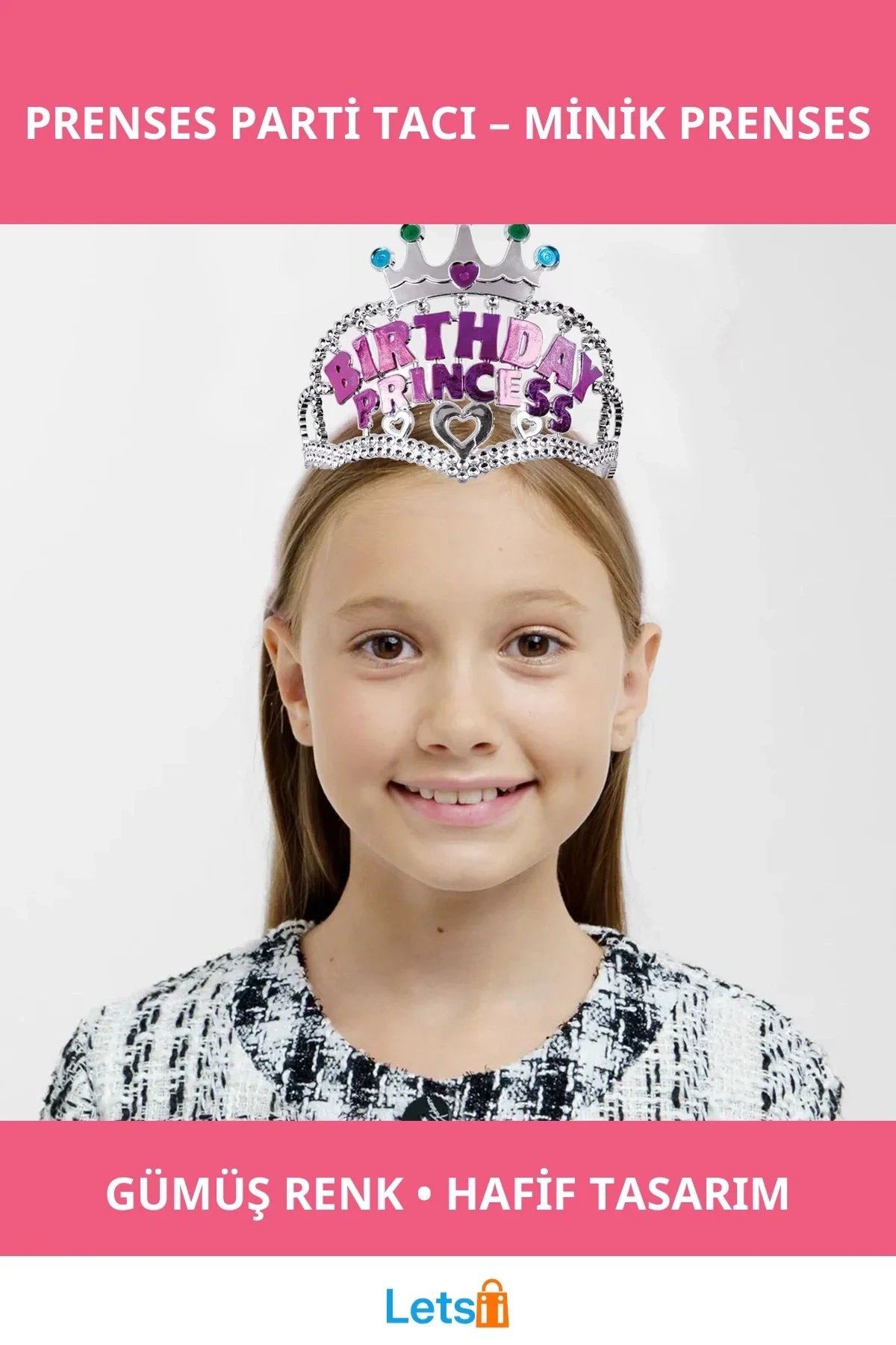 Gümüş Renk Pembe Detaylı Yazılı Prenses Doğum Günü Parti Tacı