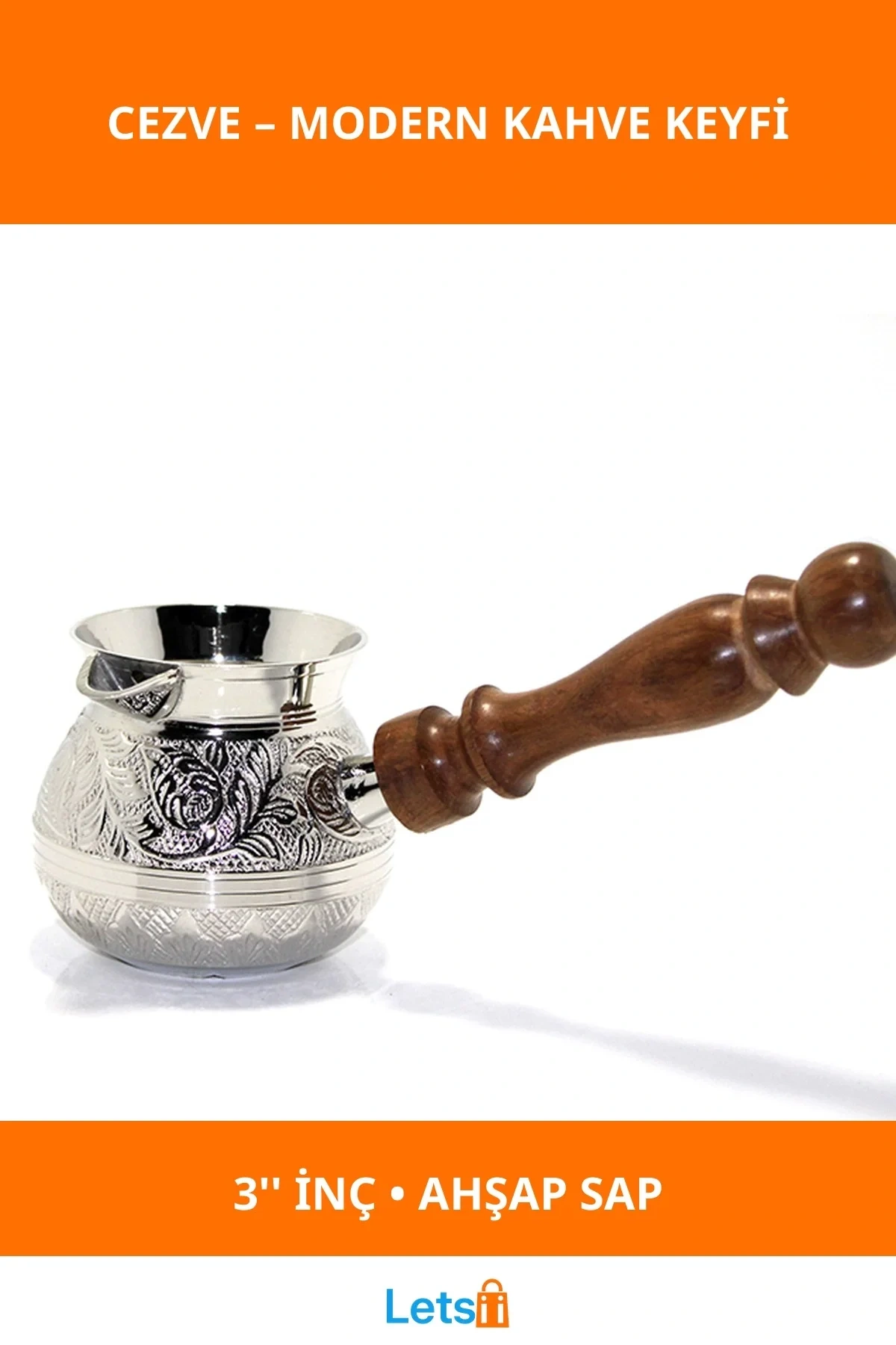 Gümüş Renk Pirinç Cezve 3 İnç Ahşap Saplı Türk Kahvesi Pişirme