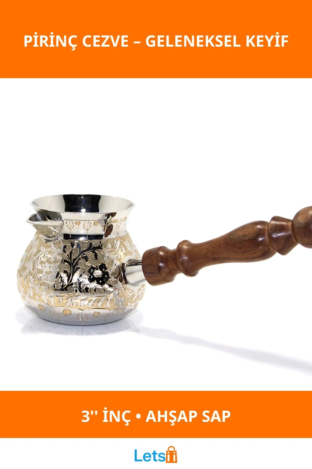 Gümüş Renk Pirinç Cezve Ahşap Saplı 3 İnç Kahve Pişirme