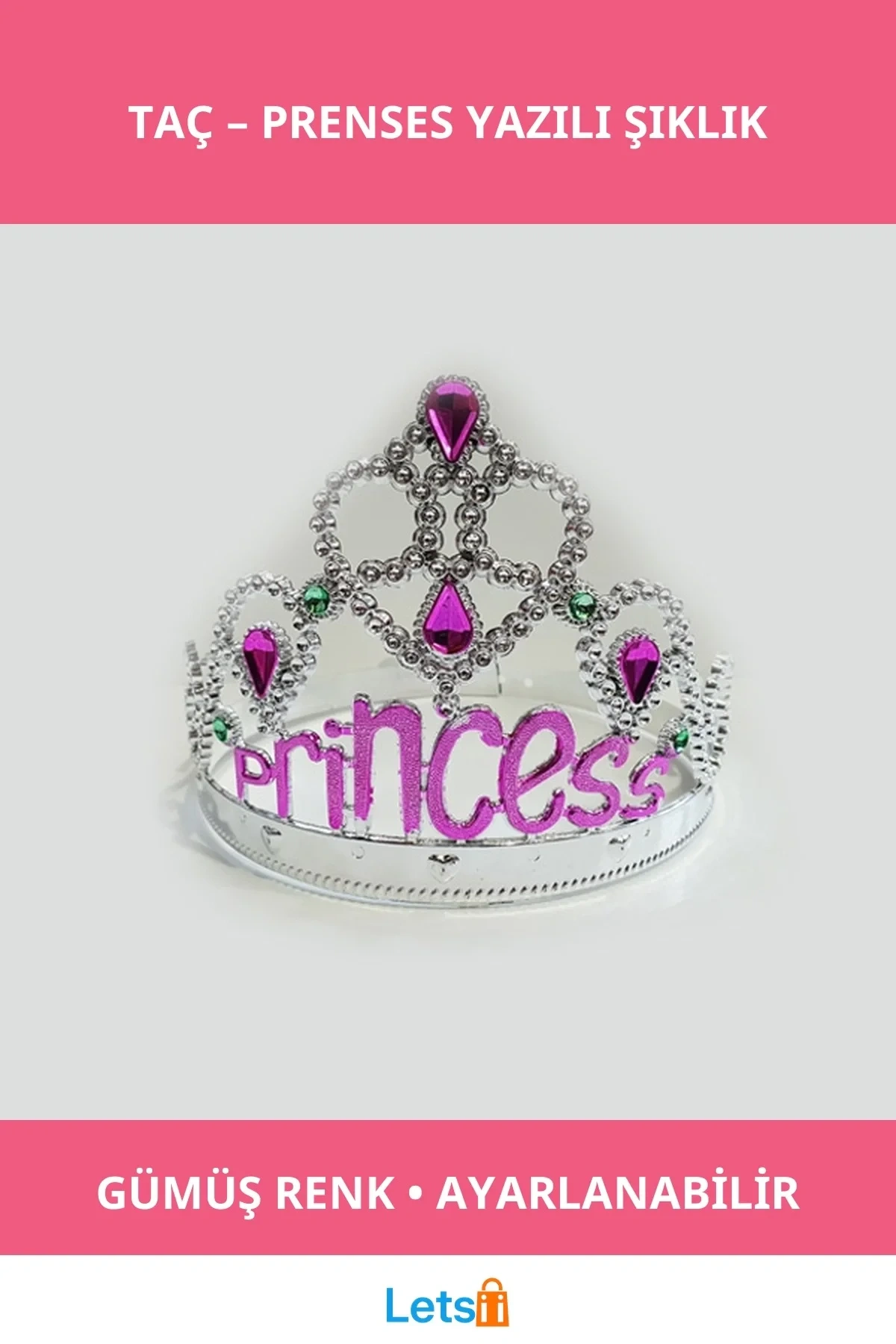 Gümüş Renk Prenses Yazılı Parti Taç Ayarlanabilir Yetişkin ve Çocuk Uyumlu