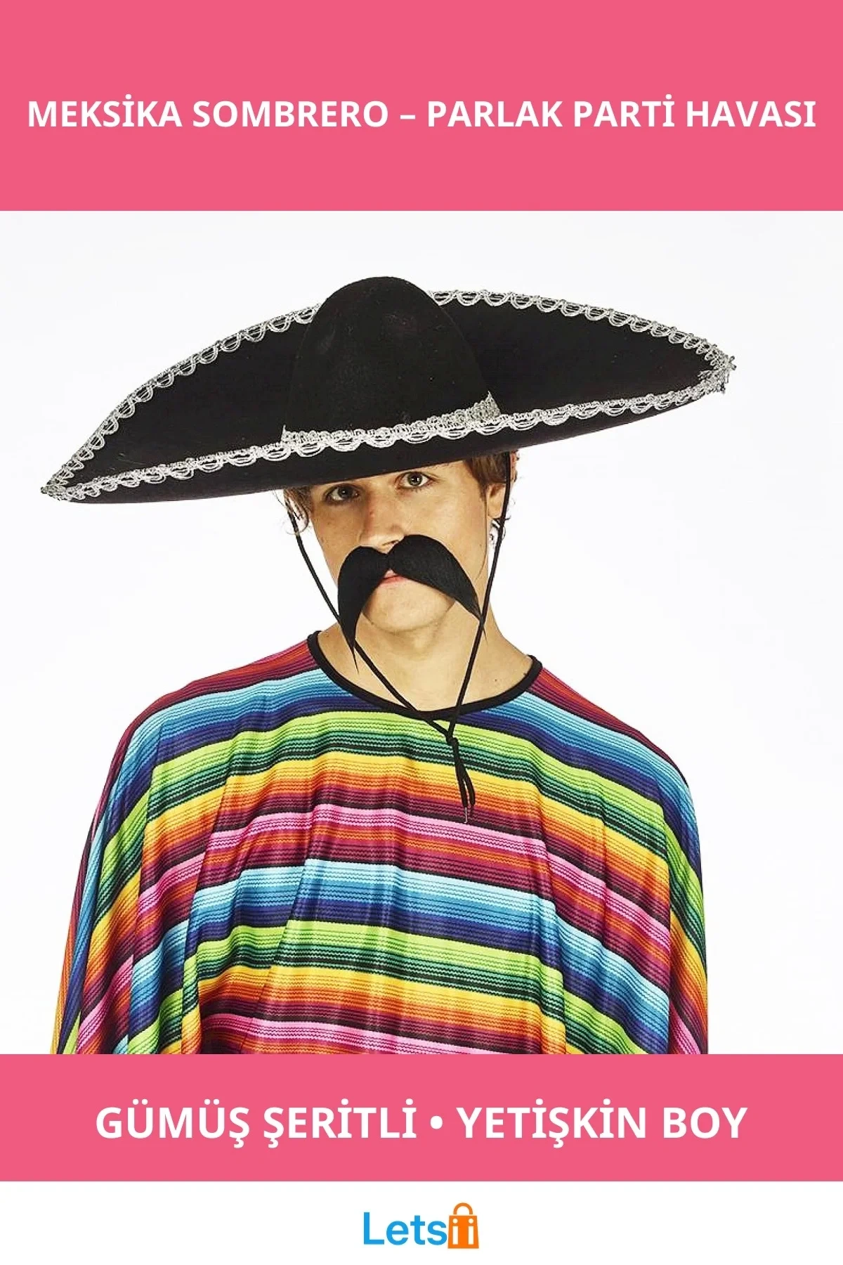 Gümüş Şeritli Sombrero Meksika Şapkası Yetişkin Boy