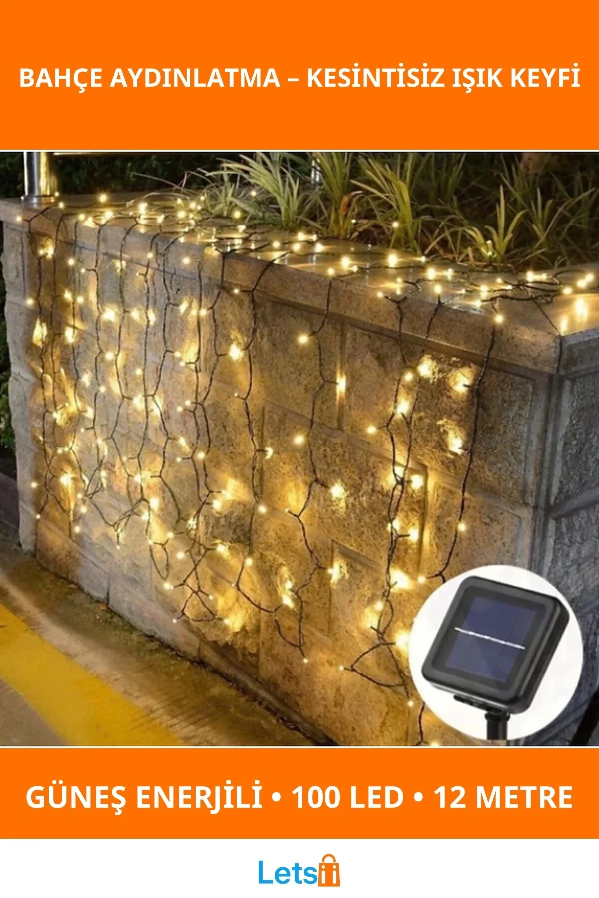 Güneş Enerjili 100 LEDli 12 Metre Bahçe Aydınlatma