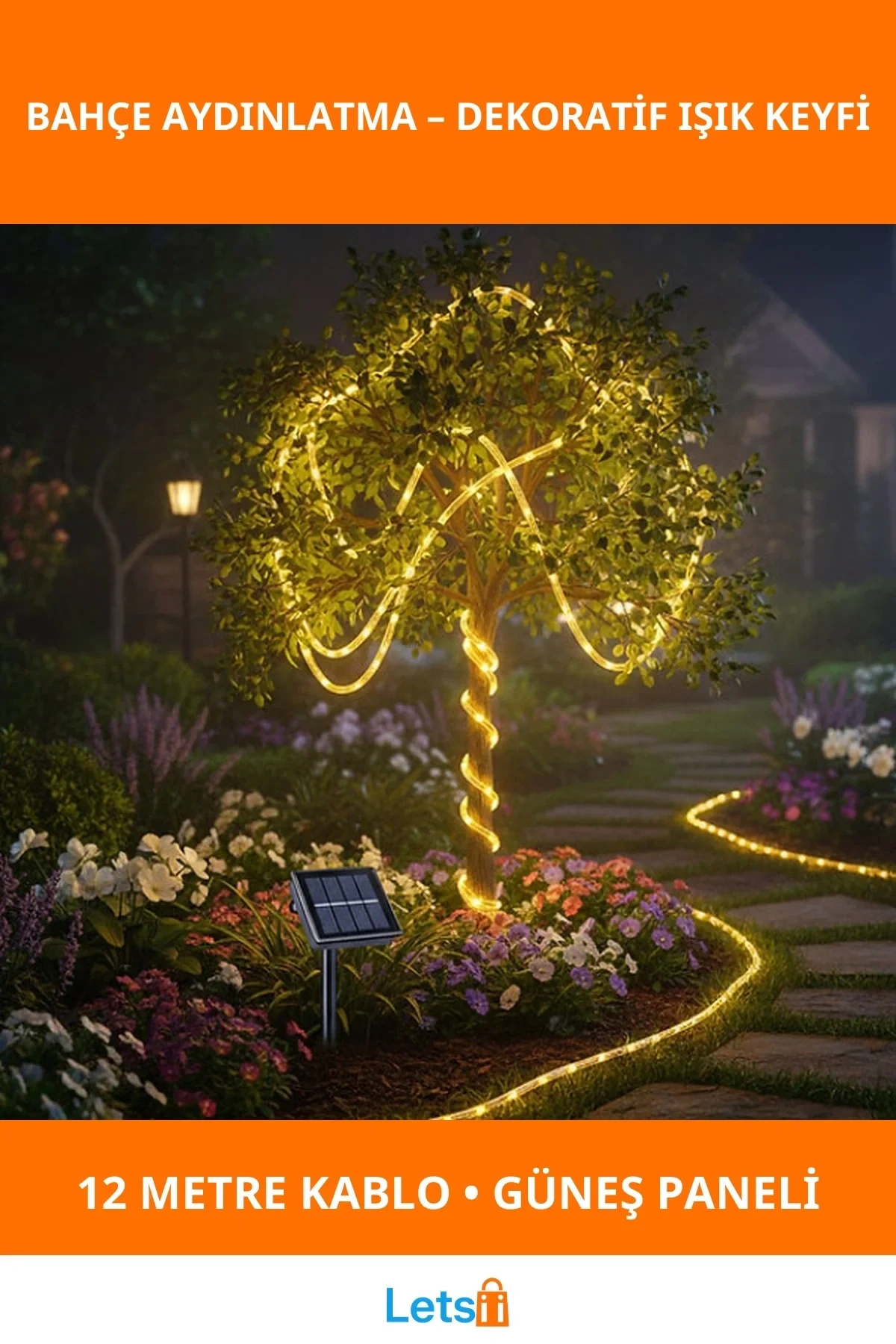 Güneş Enerjili 12 Metre Bahçe Aydınlatma IP65 Su Geçirmez