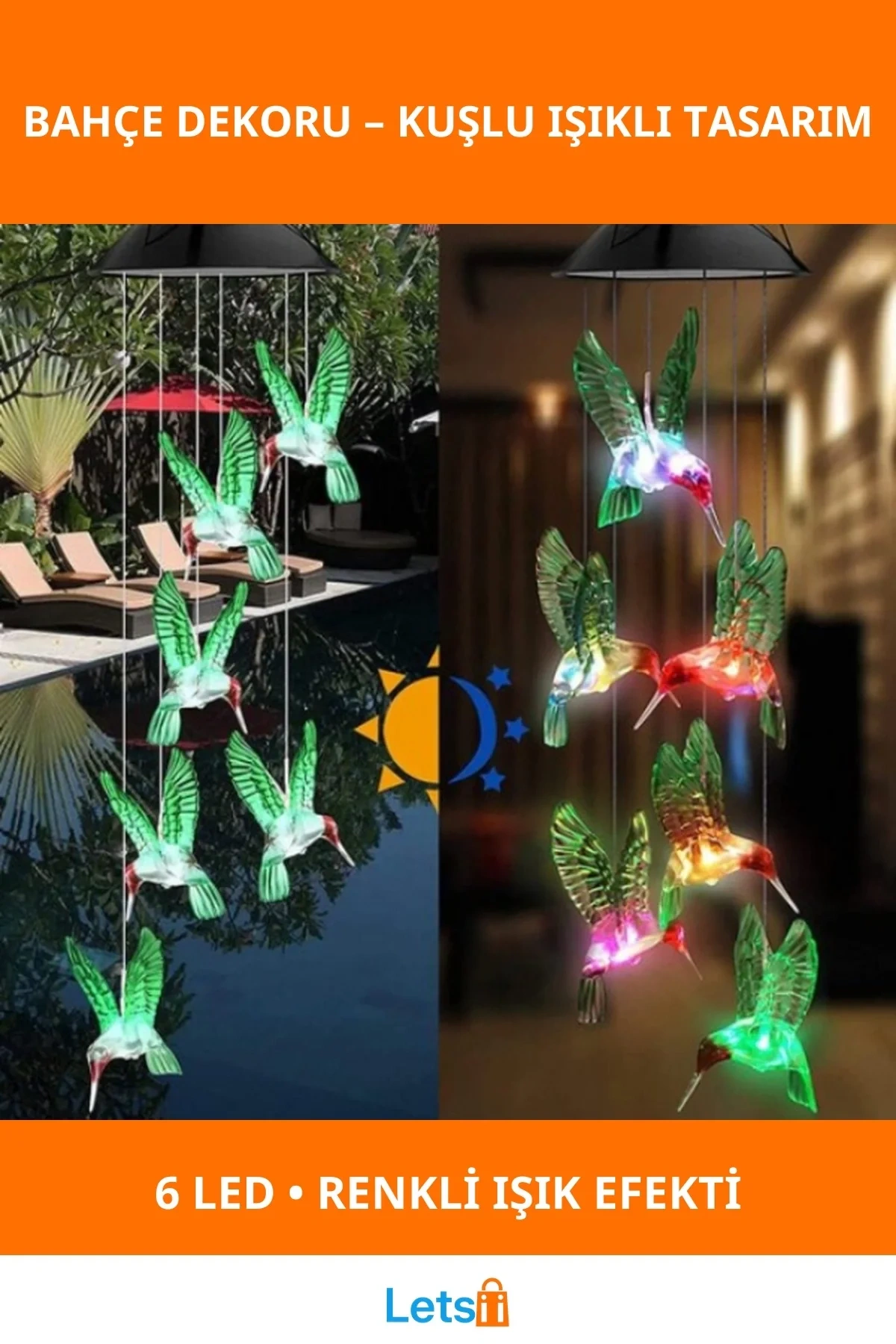 Güneş Enerjili 6 LED Renkli Işıklı Kuşlu Bahçe Dekoru