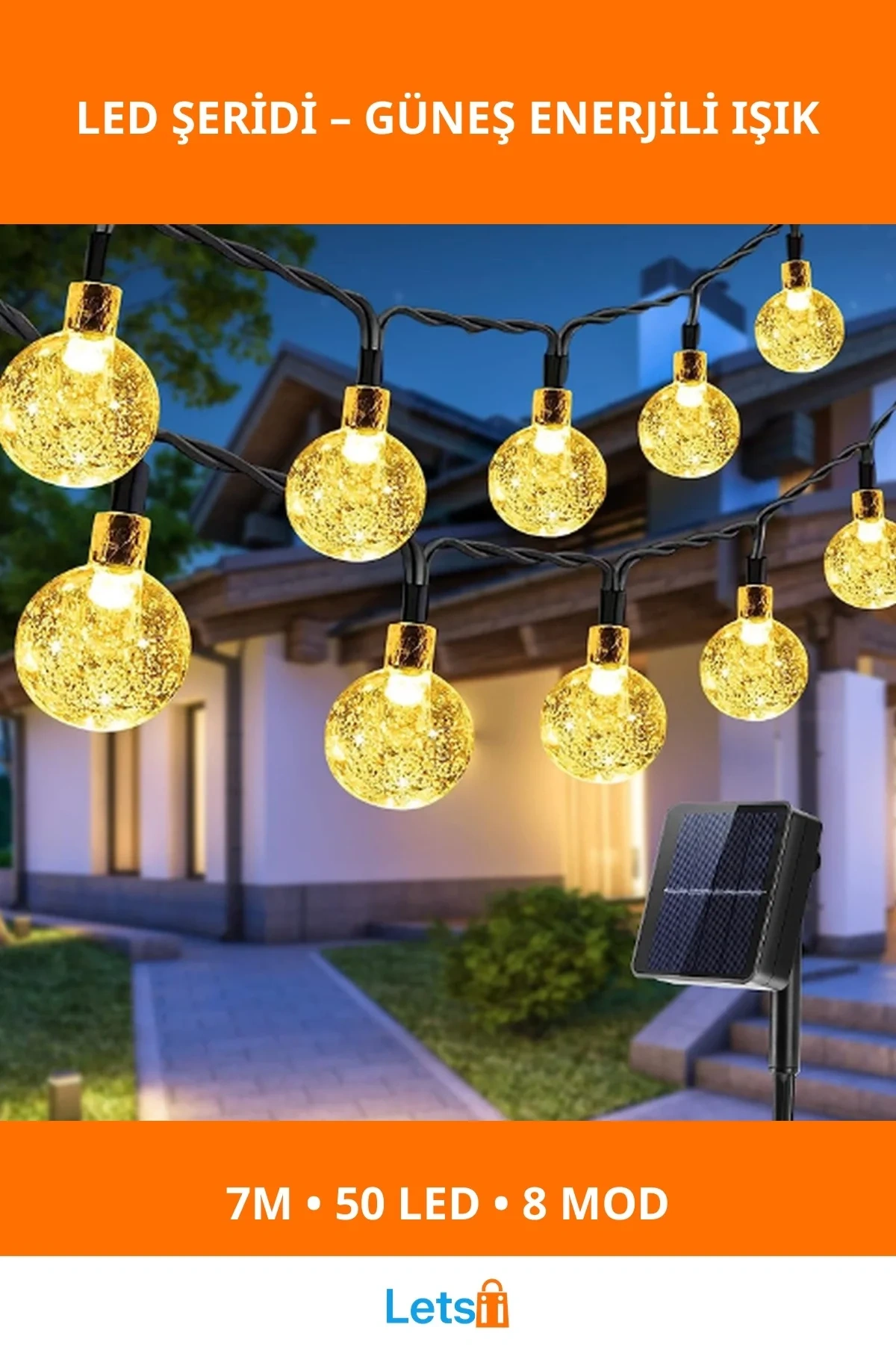 Güneş Enerjili 7m 50 LED Bahçe Işığı