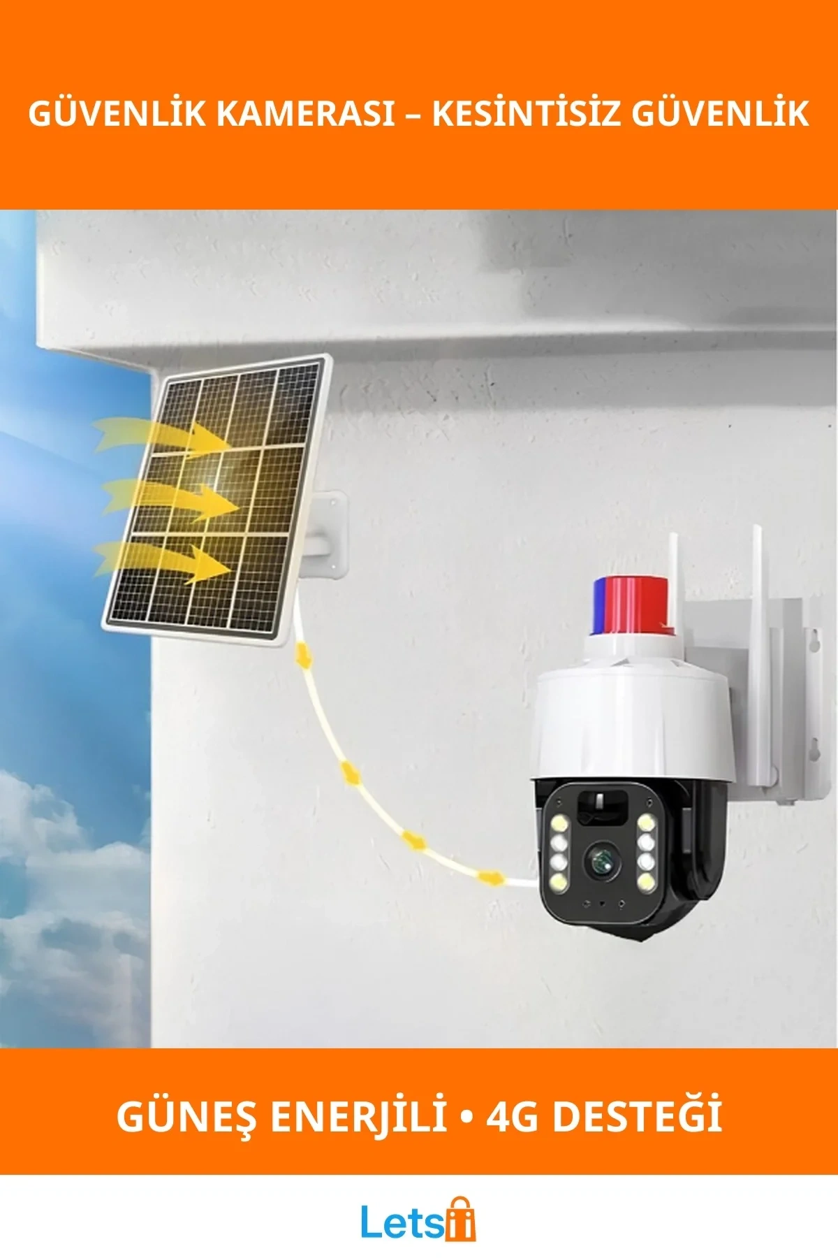 Güneş Enerjili Alarmlı Çakarlı Dış Mekan Güvenlik Kamerası