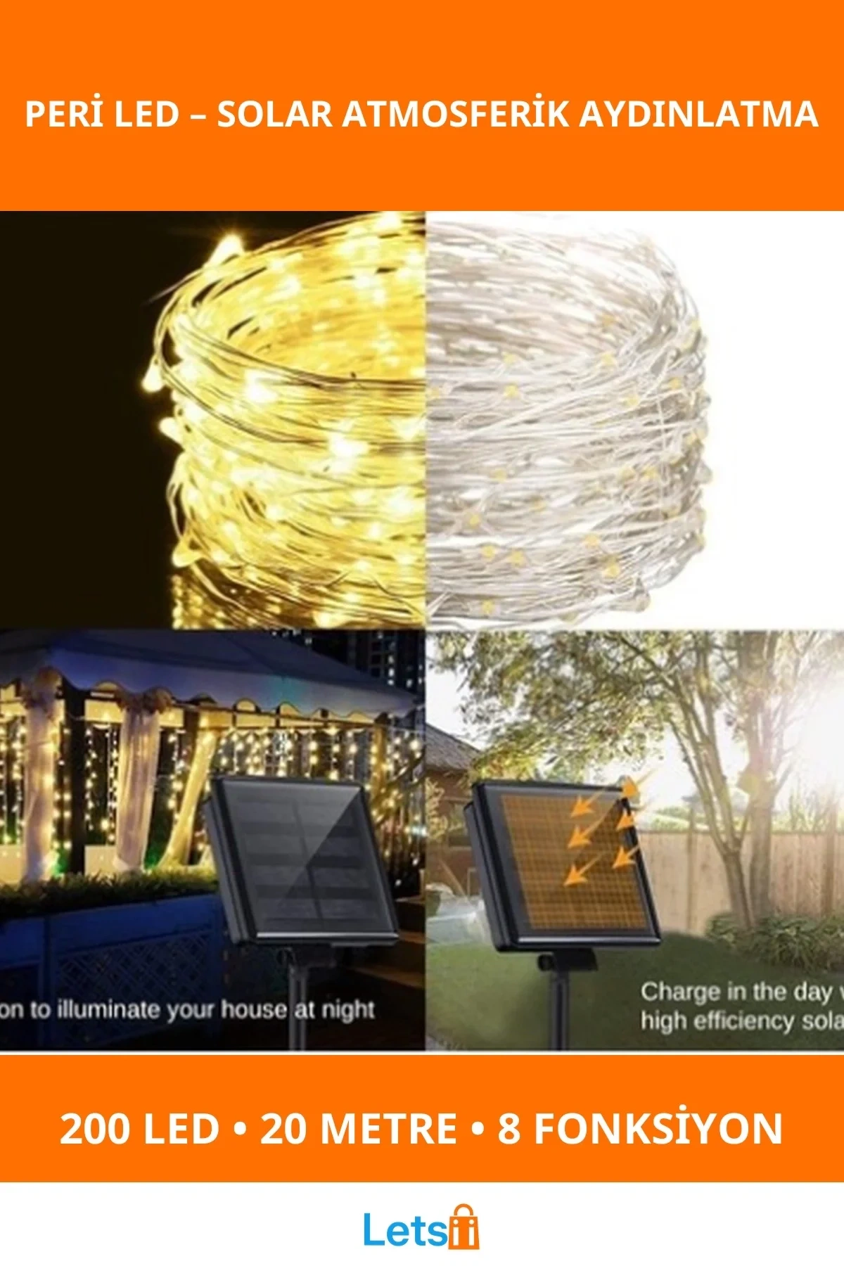 Güneş Enerjili Su Geçirmez 20M 200 LED Peri Işığı 8 Fonksiyonlu