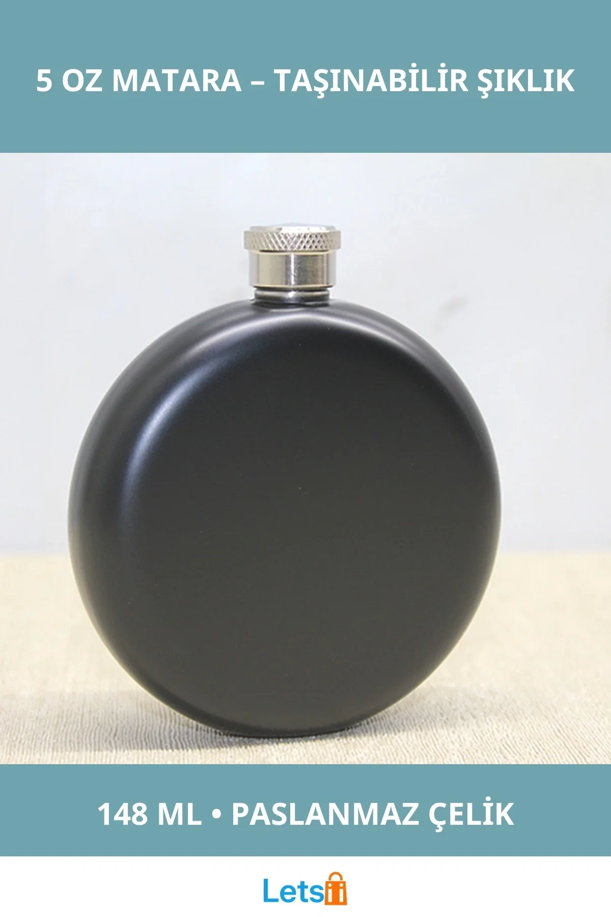 Hafif Kompakt Siyah Paslanmaz Çelik Yuvarlak Tekli Matara 5 Oz