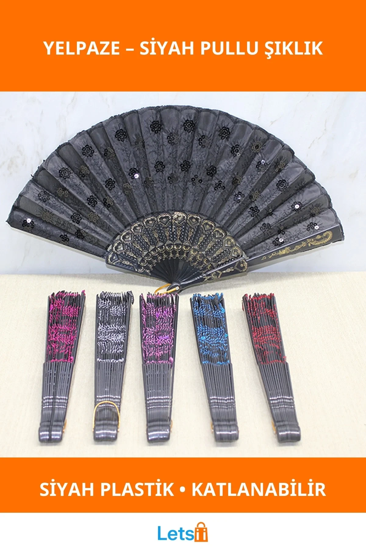 Hafif Plastik Pullu Siyah Renk Elegan Yelpaze