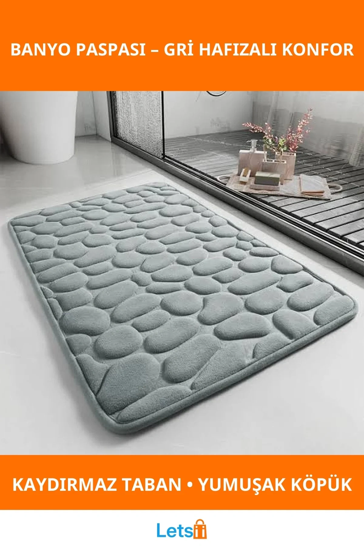 Hafızalı Kaydırmaz Yumuşak Banyo Paspası Gri