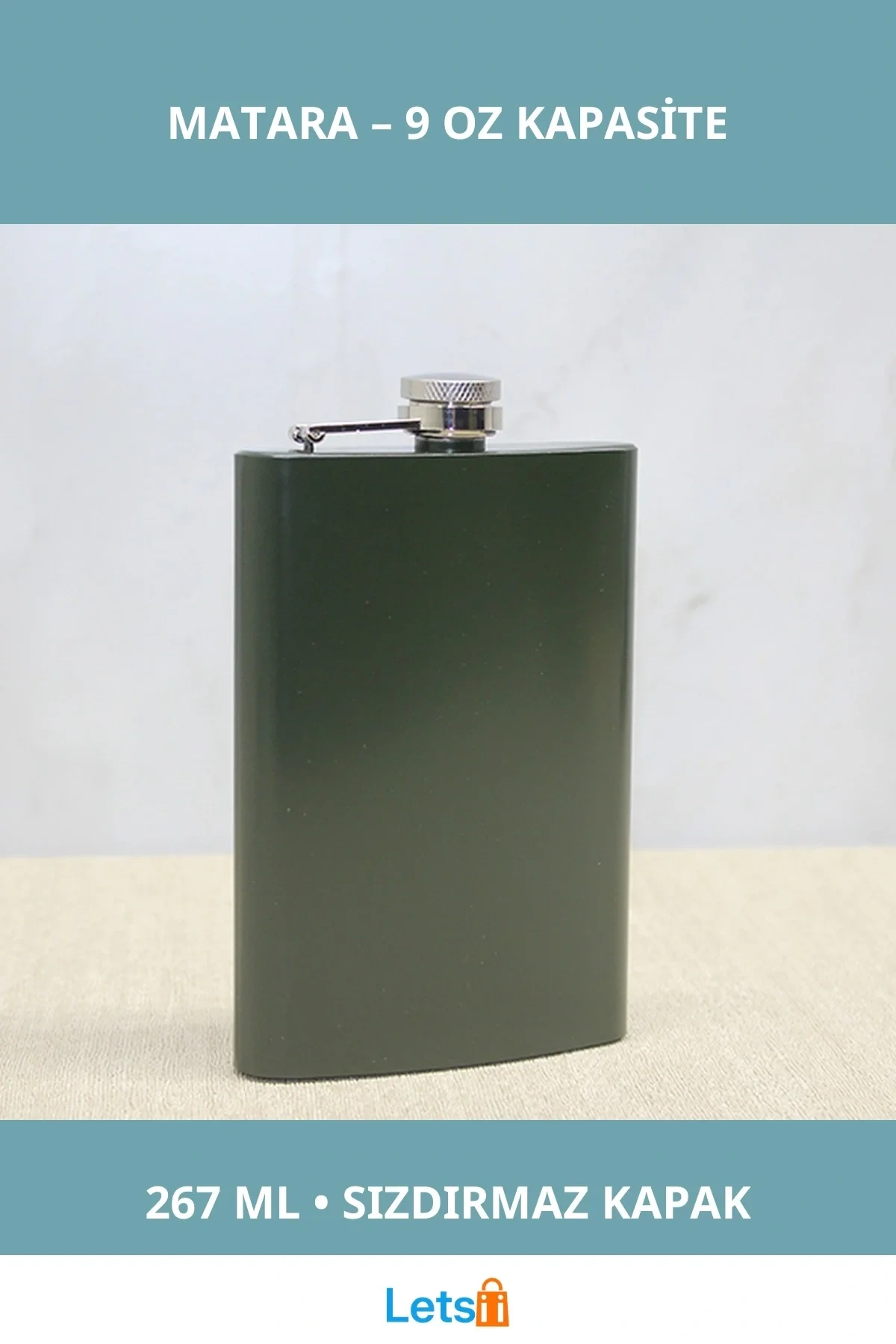 Haki Renkli Dayanıklı Paslanmaz Çelik Sızdırmaz 9 Oz Matara