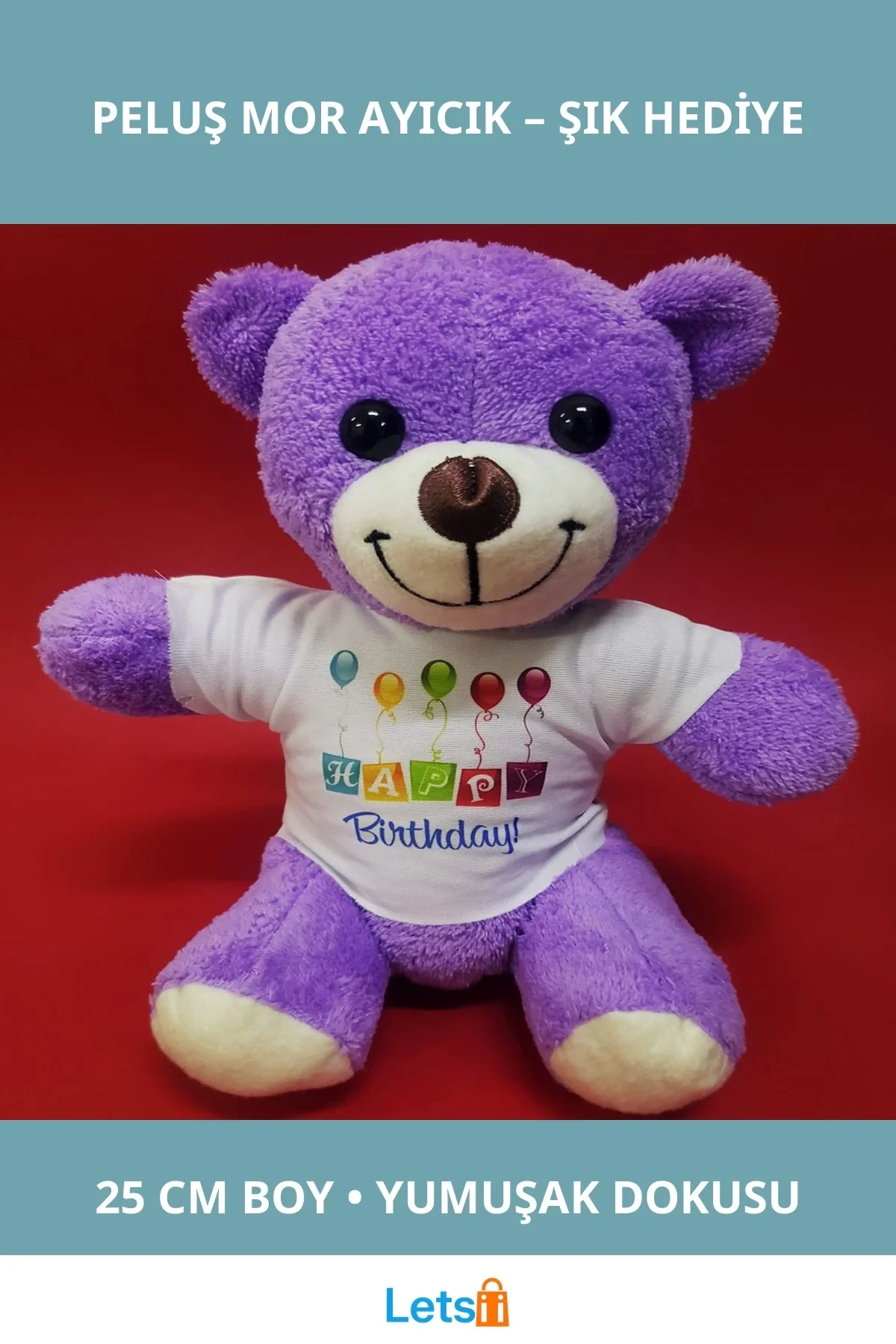 Happy Birthday Tişörtlü Mor Peluş Ayıcık 25 cm