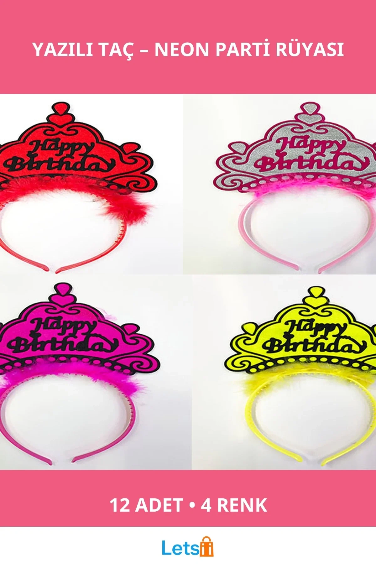 Happy Birthday Yazılı Neon Renk Taç 12 Adet Parti Aksesuarı