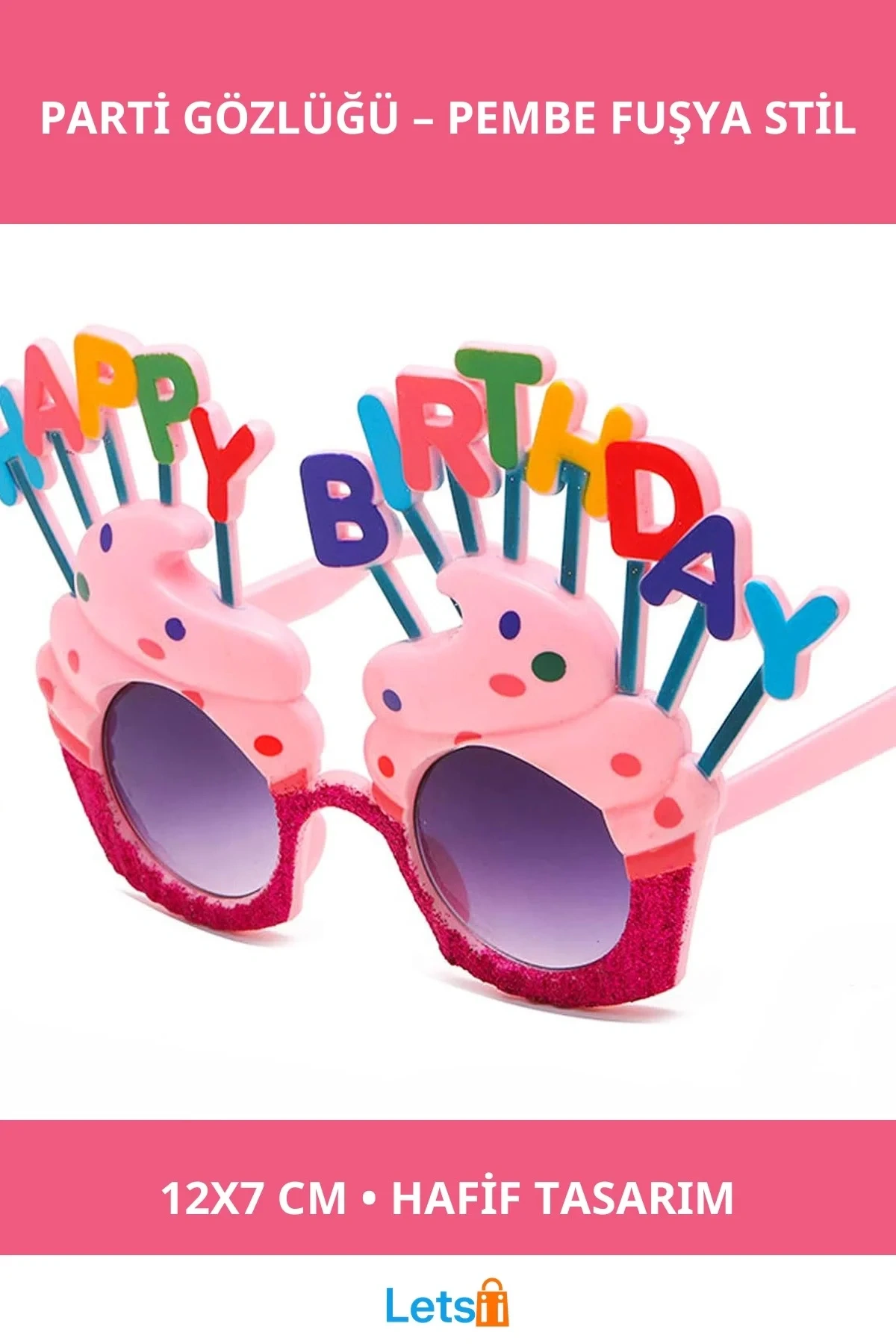 Happy Birthday Yazılı Pembe Fuşya Parti Gözlüğü 12x7cm