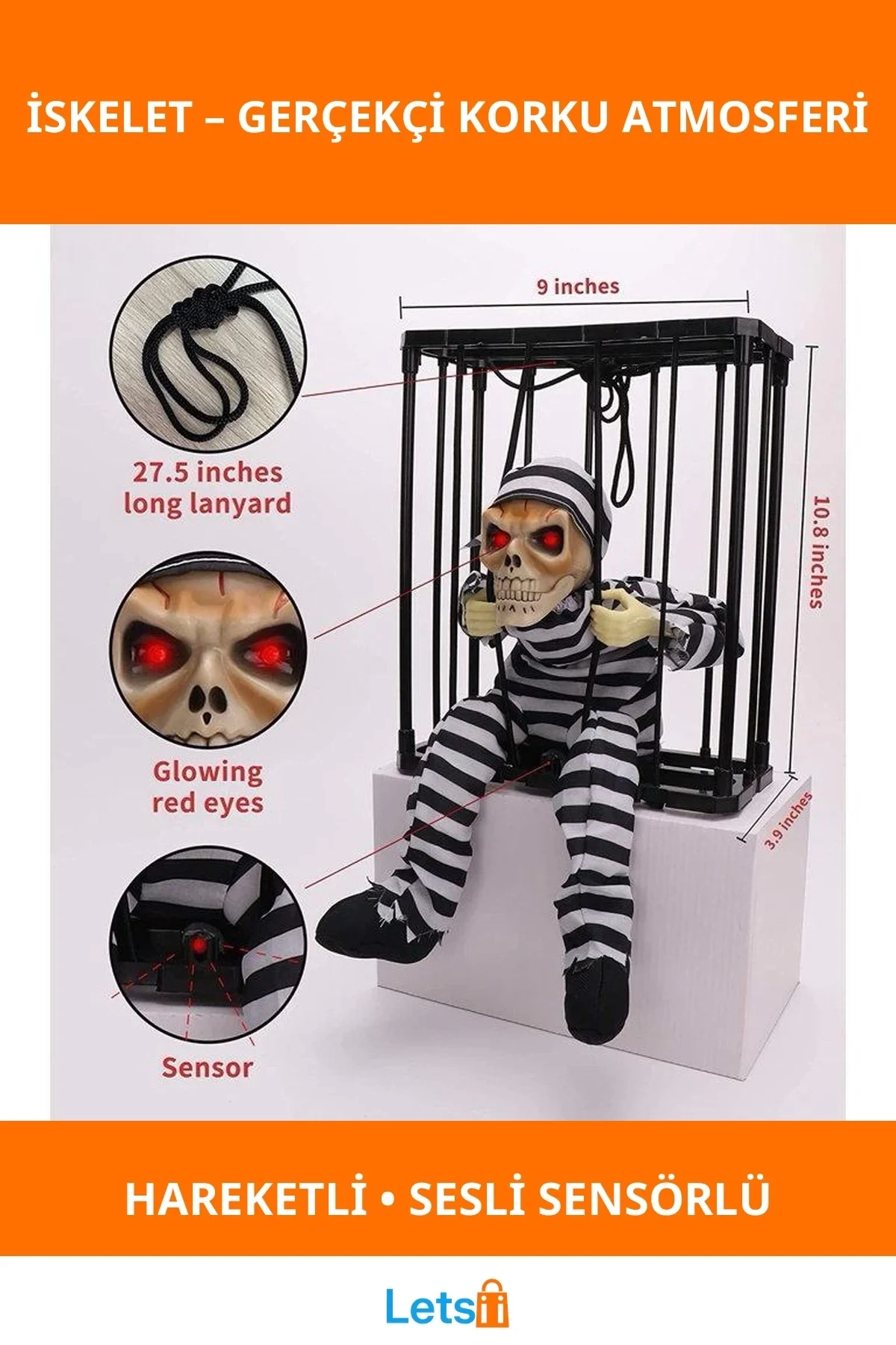 Hareketli Sesli Mahkum Görünümlü Kuru Kafa İskelet Dekorasyon 22x27 cm