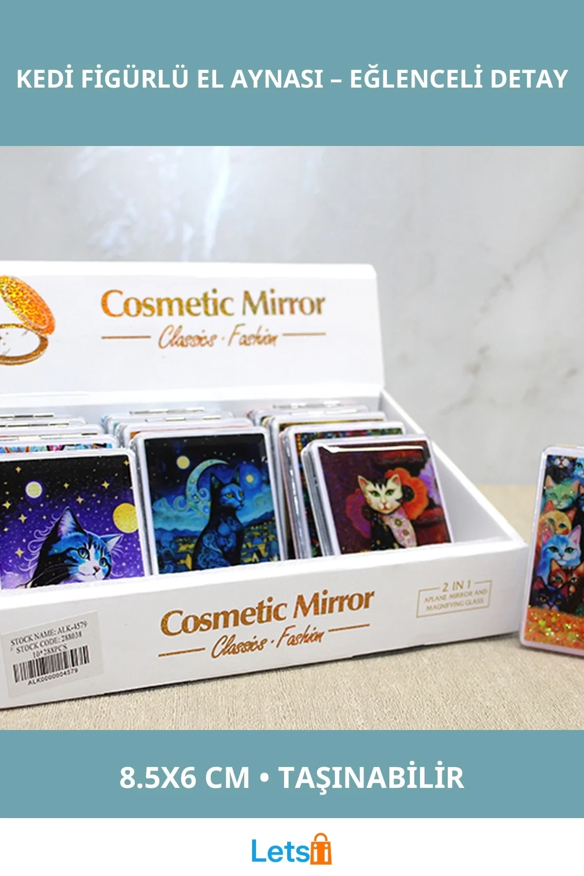 Hareketli Sulu Detaylı Kedi Figürlü El Aynası Şık ve Eğlenceli Tasarım