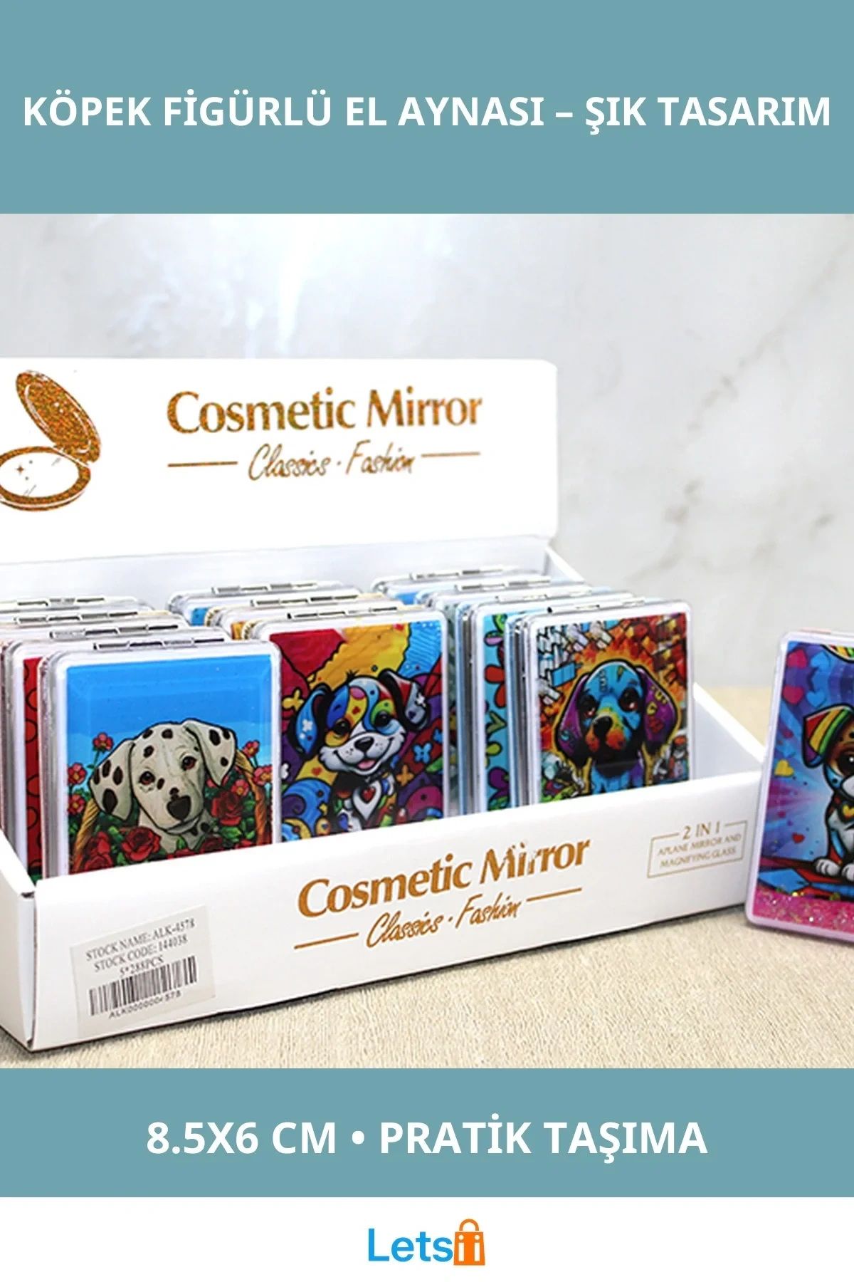 Hareketli Sulu Detaylı Sevimli Köpek Figürlü El Aynası 8.5x6 cm