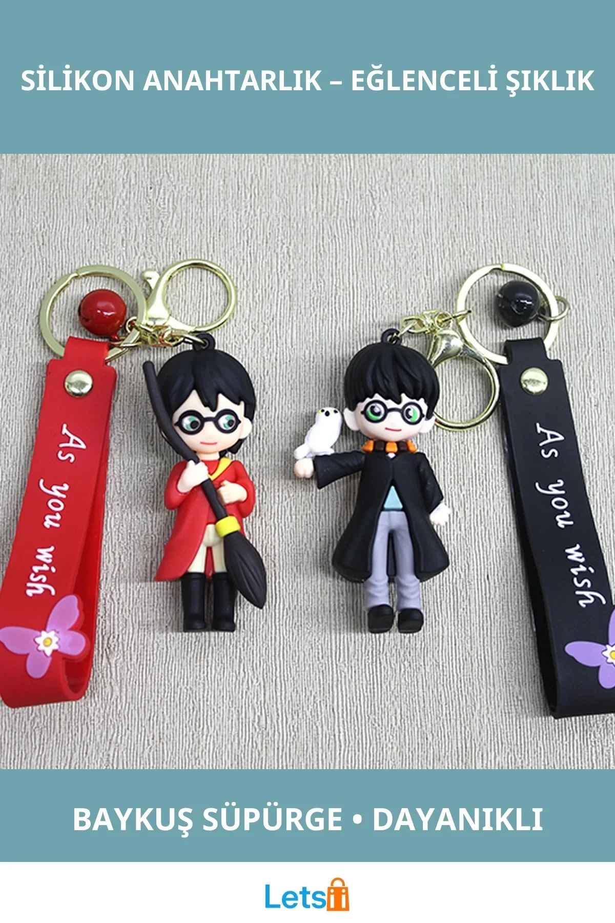 Harry Potter Temalı Silikon Anahtarlık Hedwig ve Süpürge Detaylı