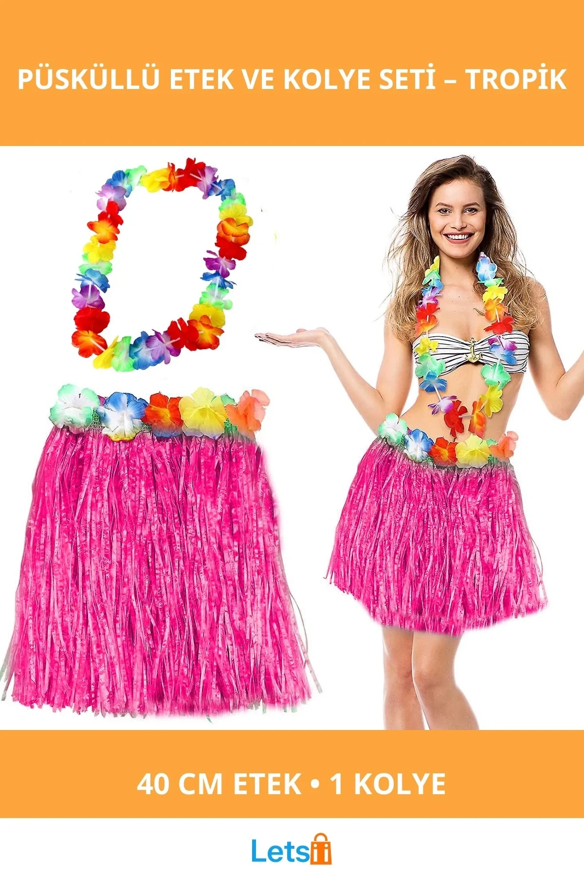 Hawaii Luau Aloha Pembe Püsküllü 40 cm Parti Etek Kolye Seti