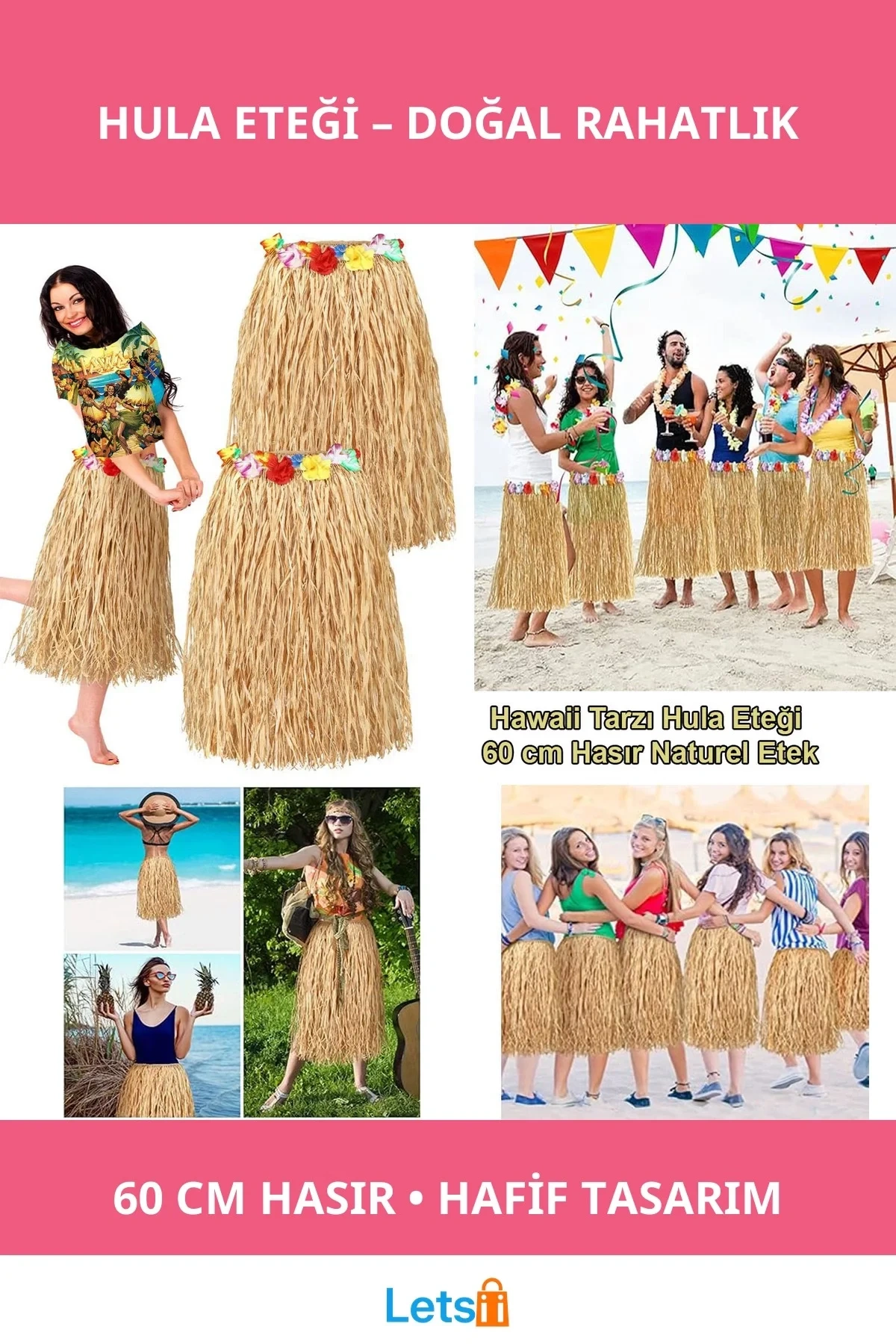 Hawaii Tarzı Hula Eteği 60 cm Doğal Hasır Plaj Kostümü