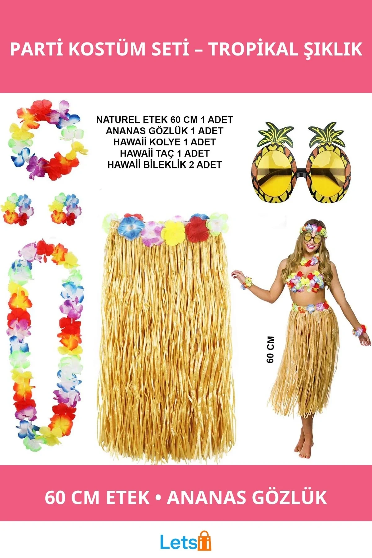 Hawaii Temalı Parti Kostümü 60 cm Hasır Etek, Çiçekli Aksesuarlar ve Ananas Gözlük