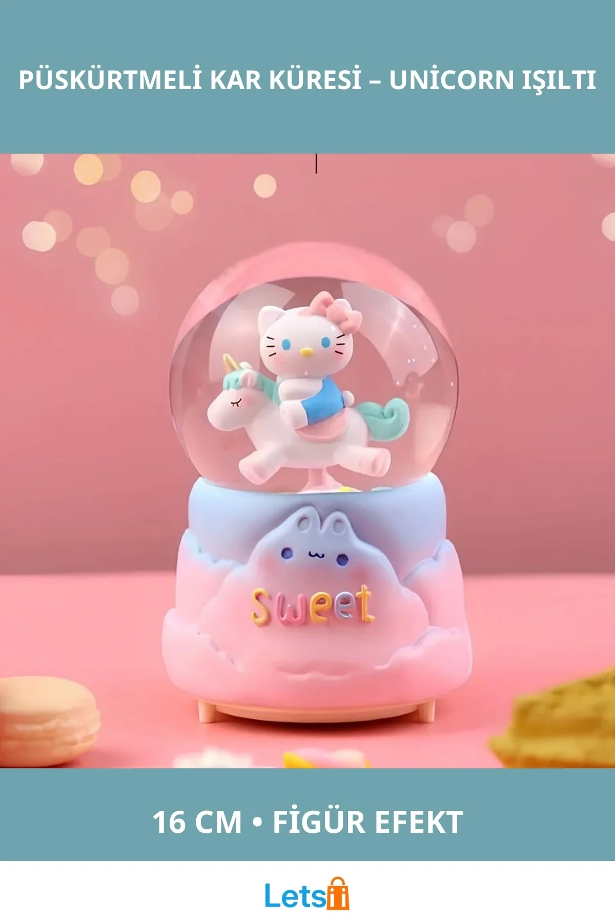 Hello Kitty İçi Dönmeli Işıklı Müzikli Kar Küresi Büyük Boy 16cm Unicorn