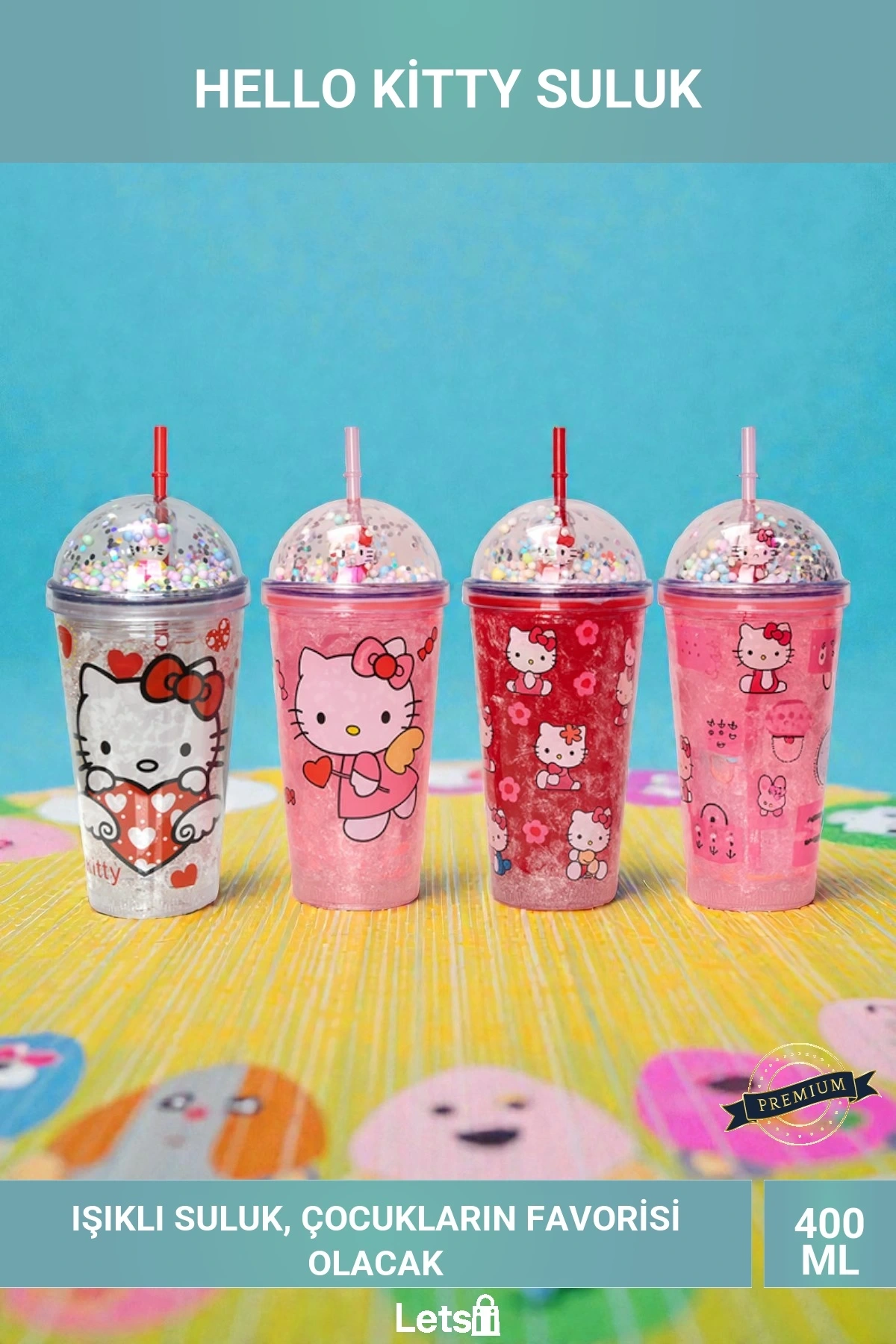 Hello Kitty Işıklı Boncuklu Pipetli Suluk 400ml Eğlenceli Çocuk Bardak