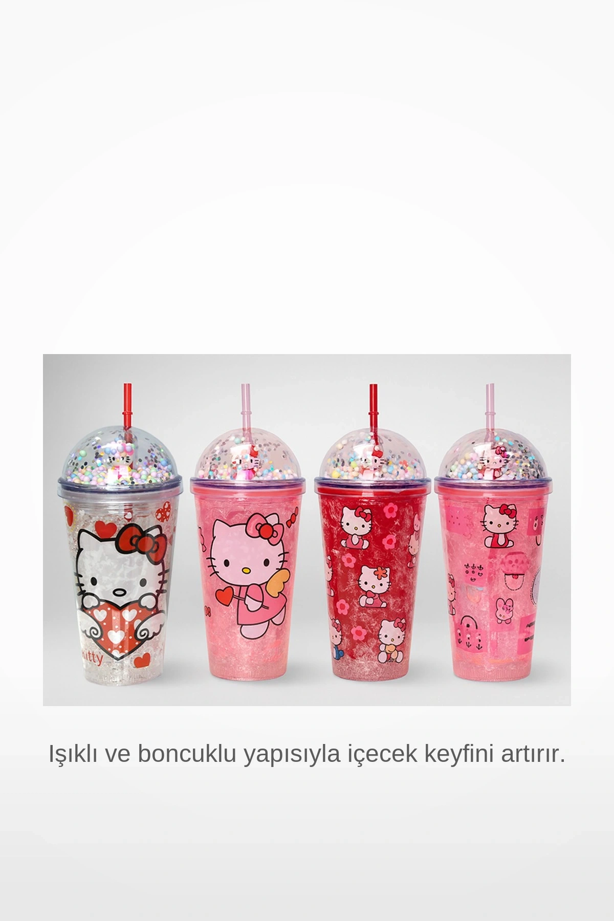 Hello Kitty Işıklı Boncuklu Pipetli Suluk 400ml Eğlenceli Çocuk Bardak