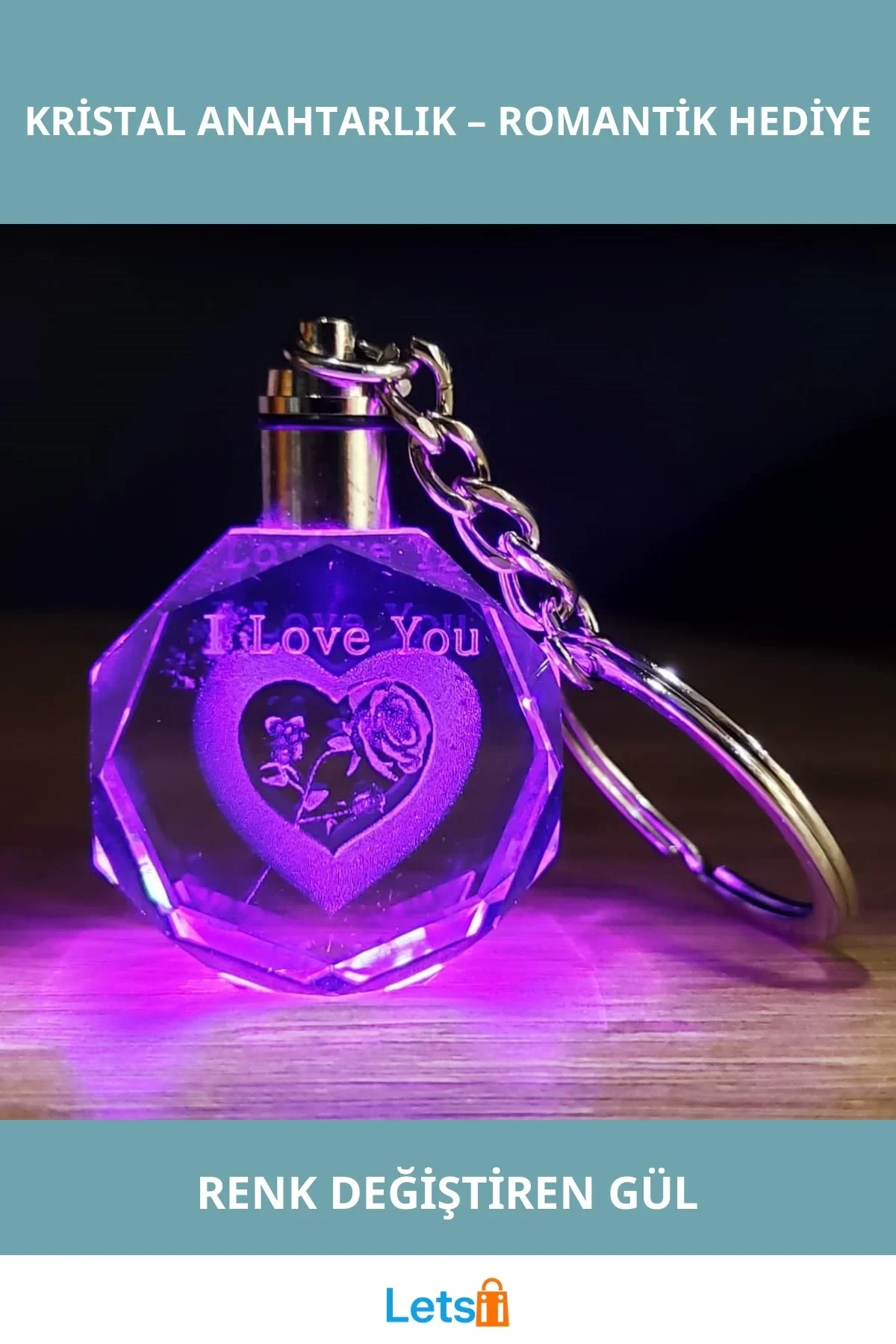 I Love You Kalp İçinde Gül Renk Değiştiren Kristal Anahtarlık 10 cm