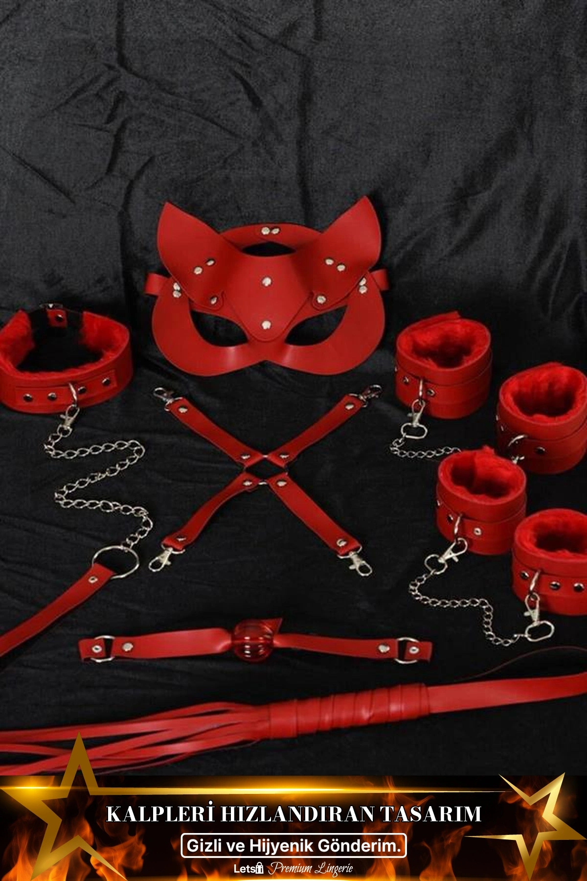İçi Tüylü Maske Kol Bacak Ağız Topu Kırbaç Tasma Harness Set Kırmızı Renk