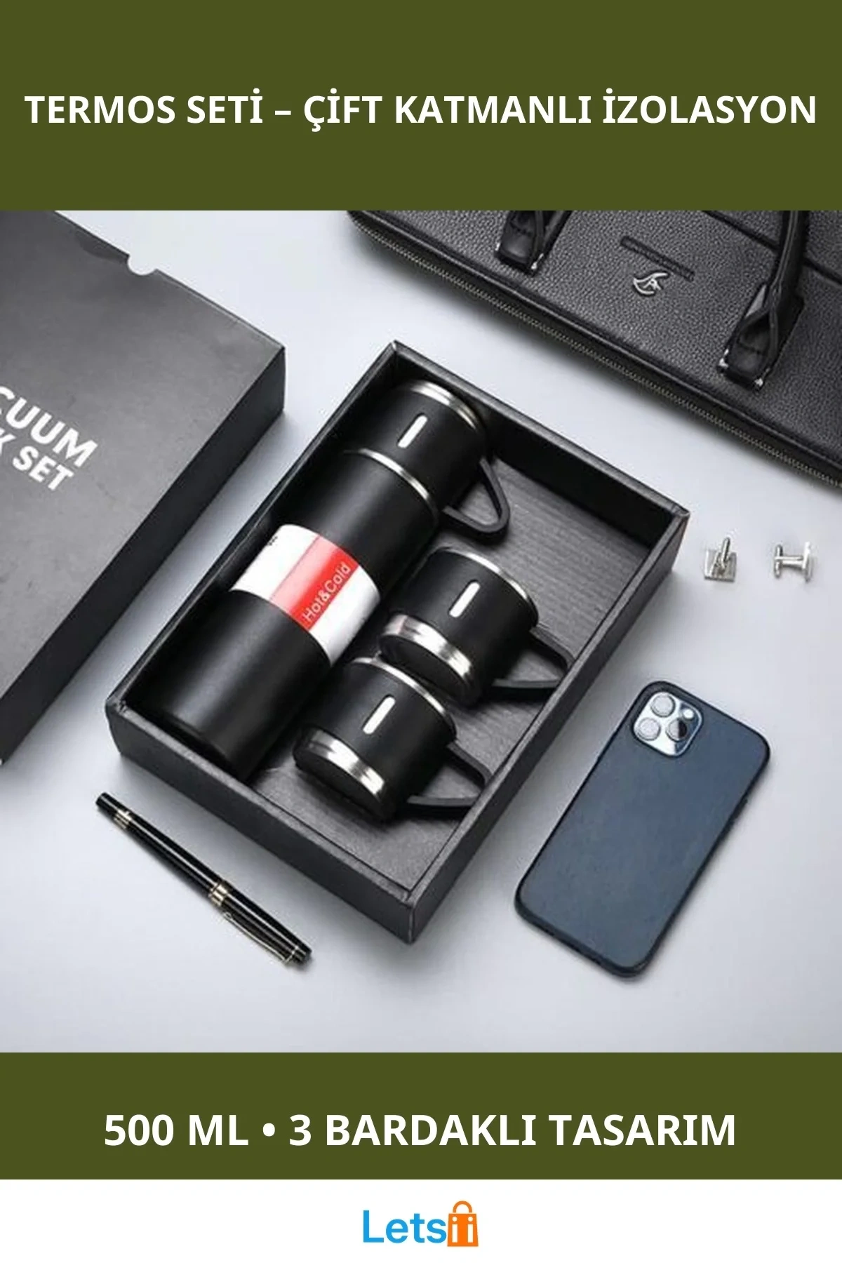 İki Katmanlı Isı Yalıtımlı 500 ML Termos 3 Bardaklı Siyah Bordo