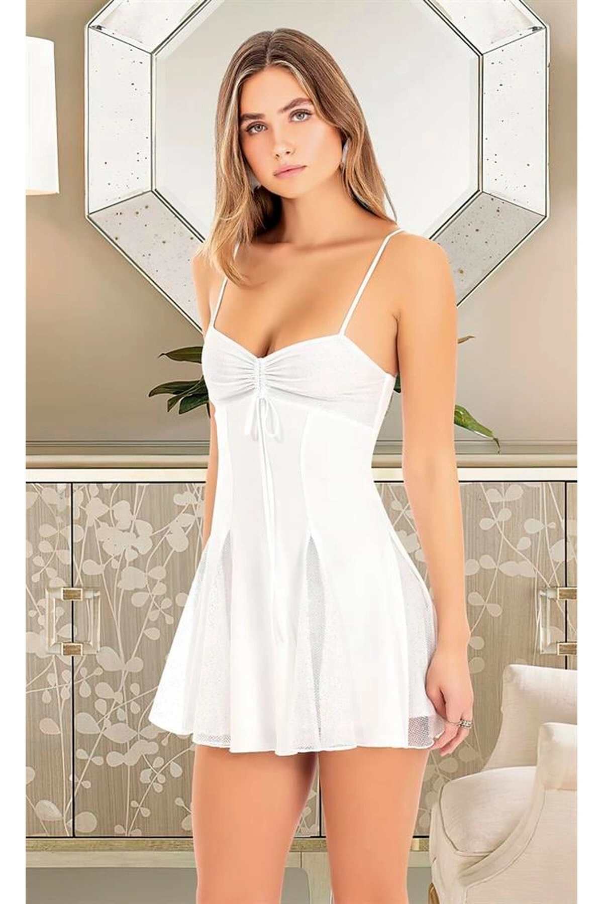 İnce Askılı Fantezi Mini Club Elbise Beyaz Renk