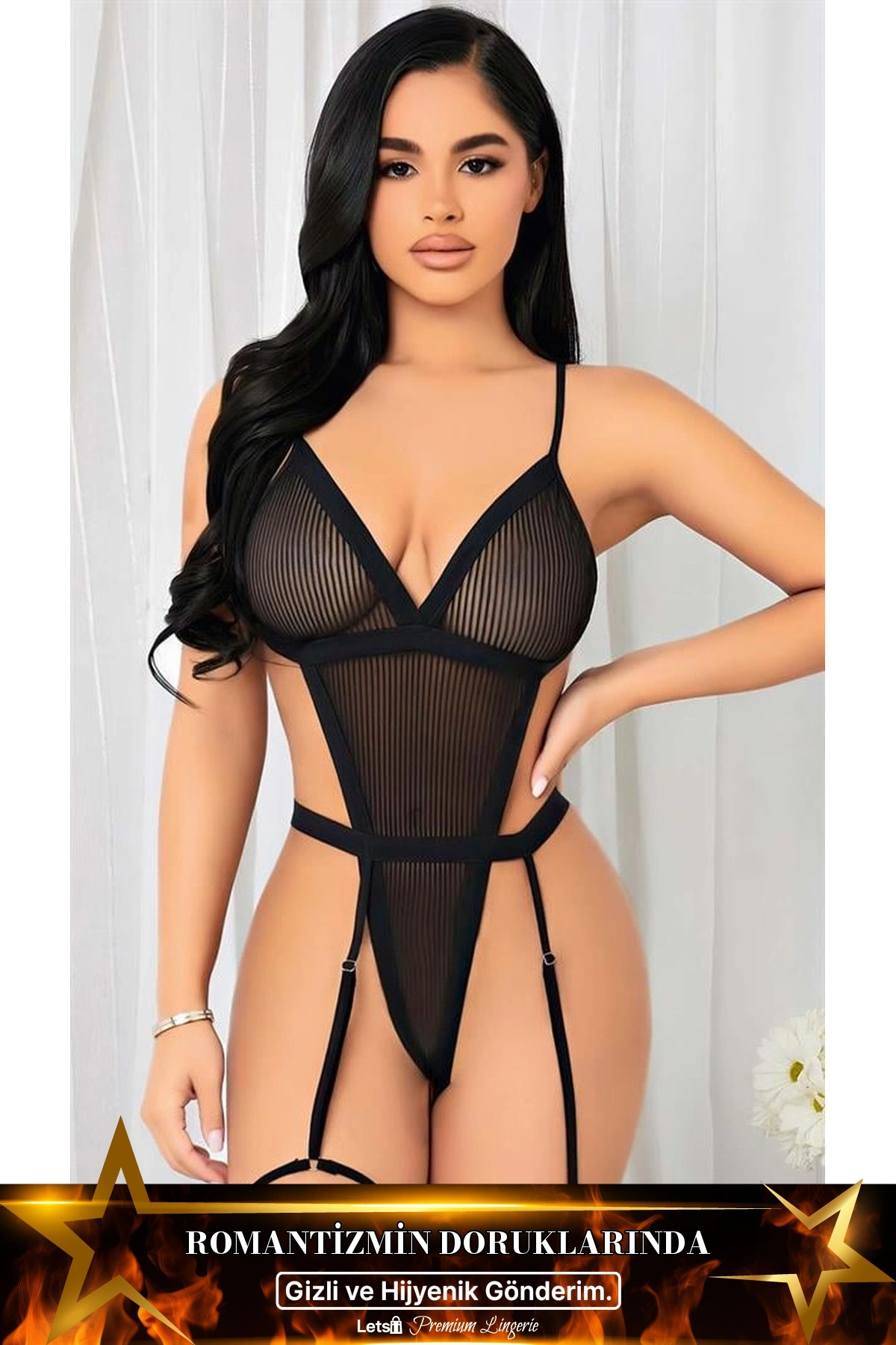 İp Detaylı Tül Fantezi Body Siyah Renk