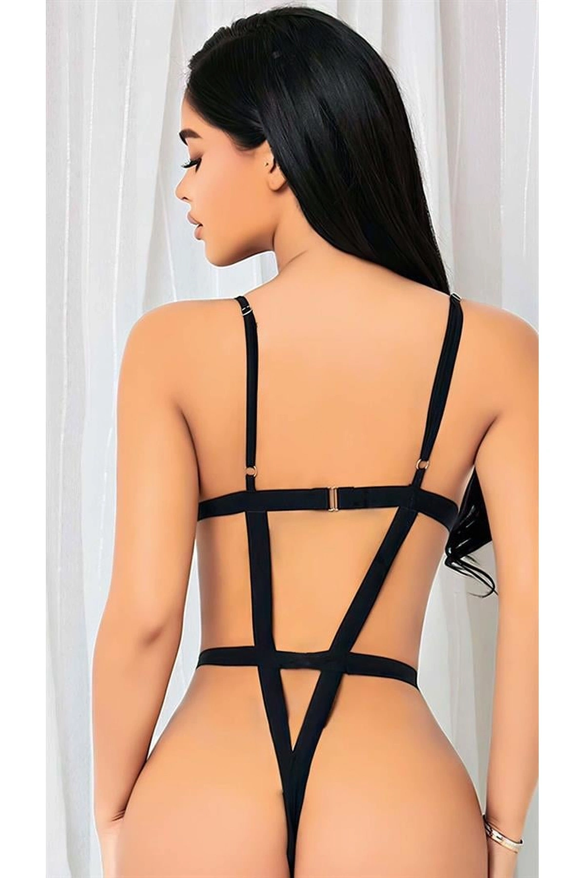 İp Detaylı Tül Fantezi Body Siyah Renk