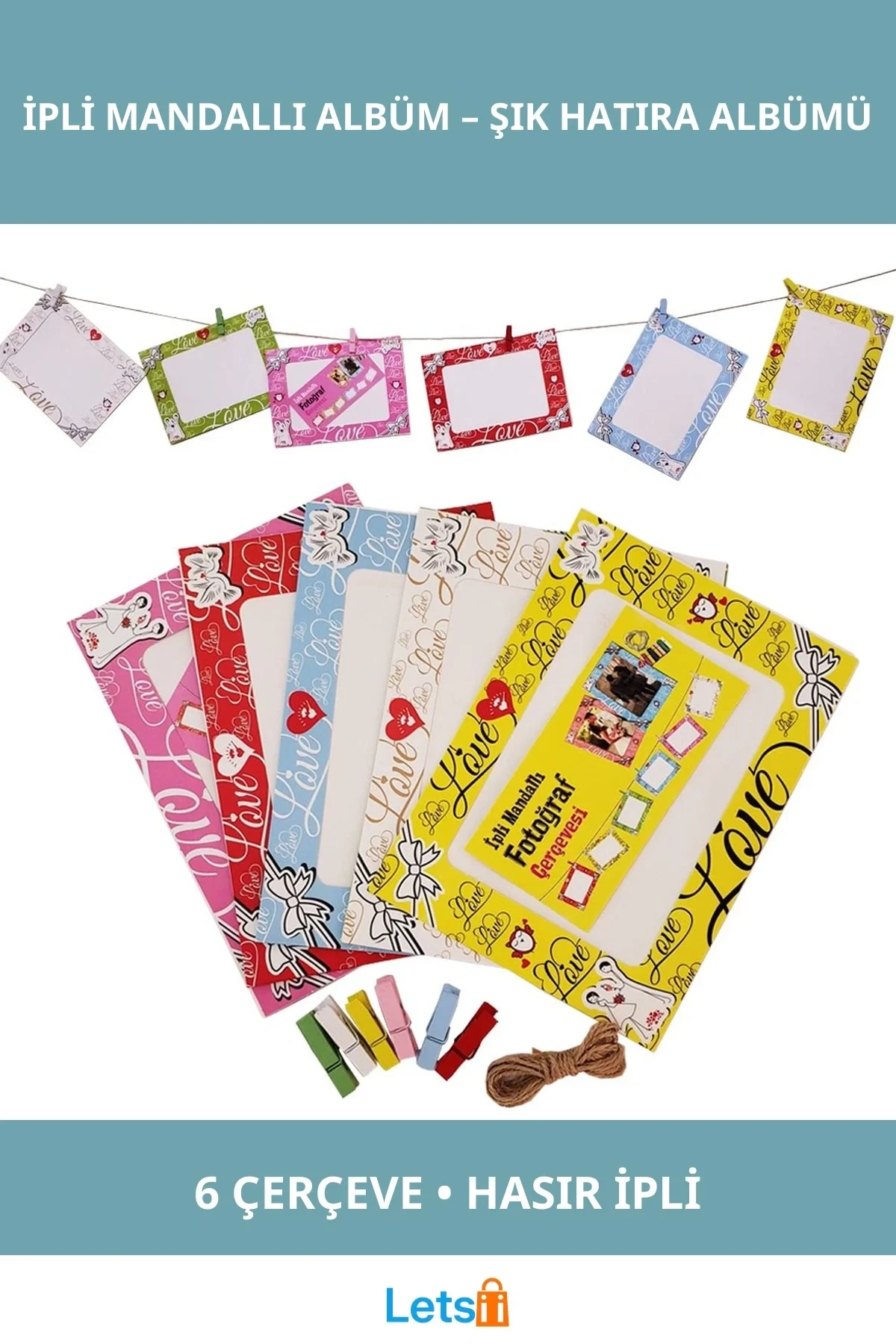 İpli Mandallı Dekoratif Fotoğraf Albümü 6 Adet Çerçeve ve Mini Renkli Mandallarla