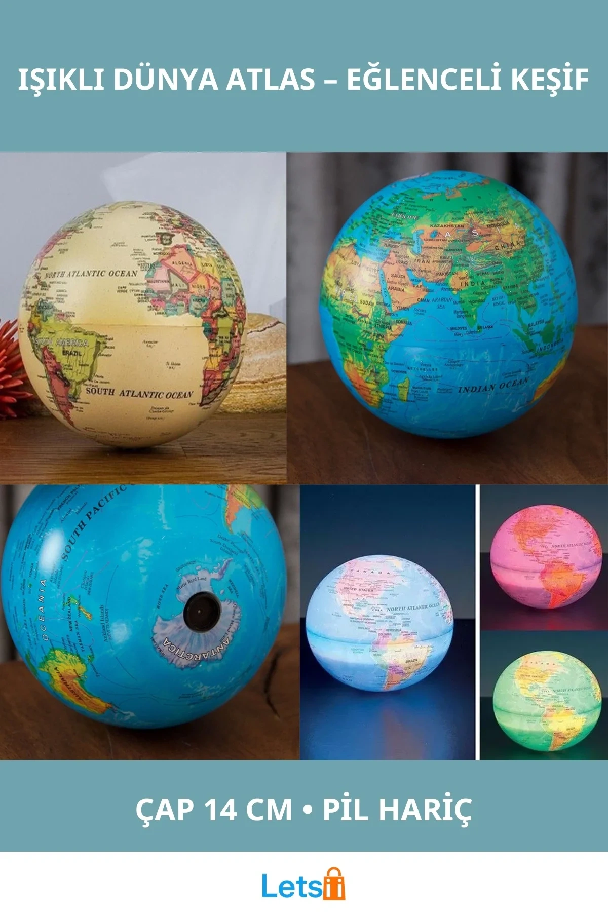 Işıklı Dünya Atlas 14 cm Dönme Özellikli Sert Plastik Dekoratif