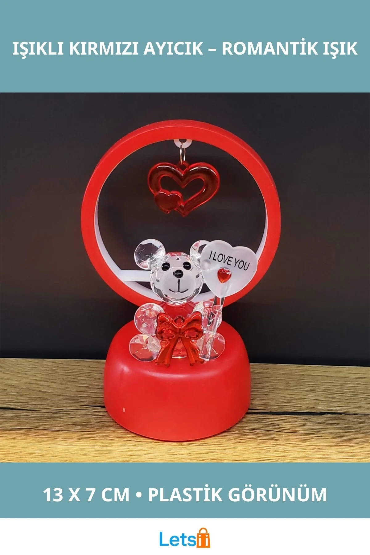 Işıklı Kırmızı I Love You Ayıcık 13 cm Kristal Biblo
